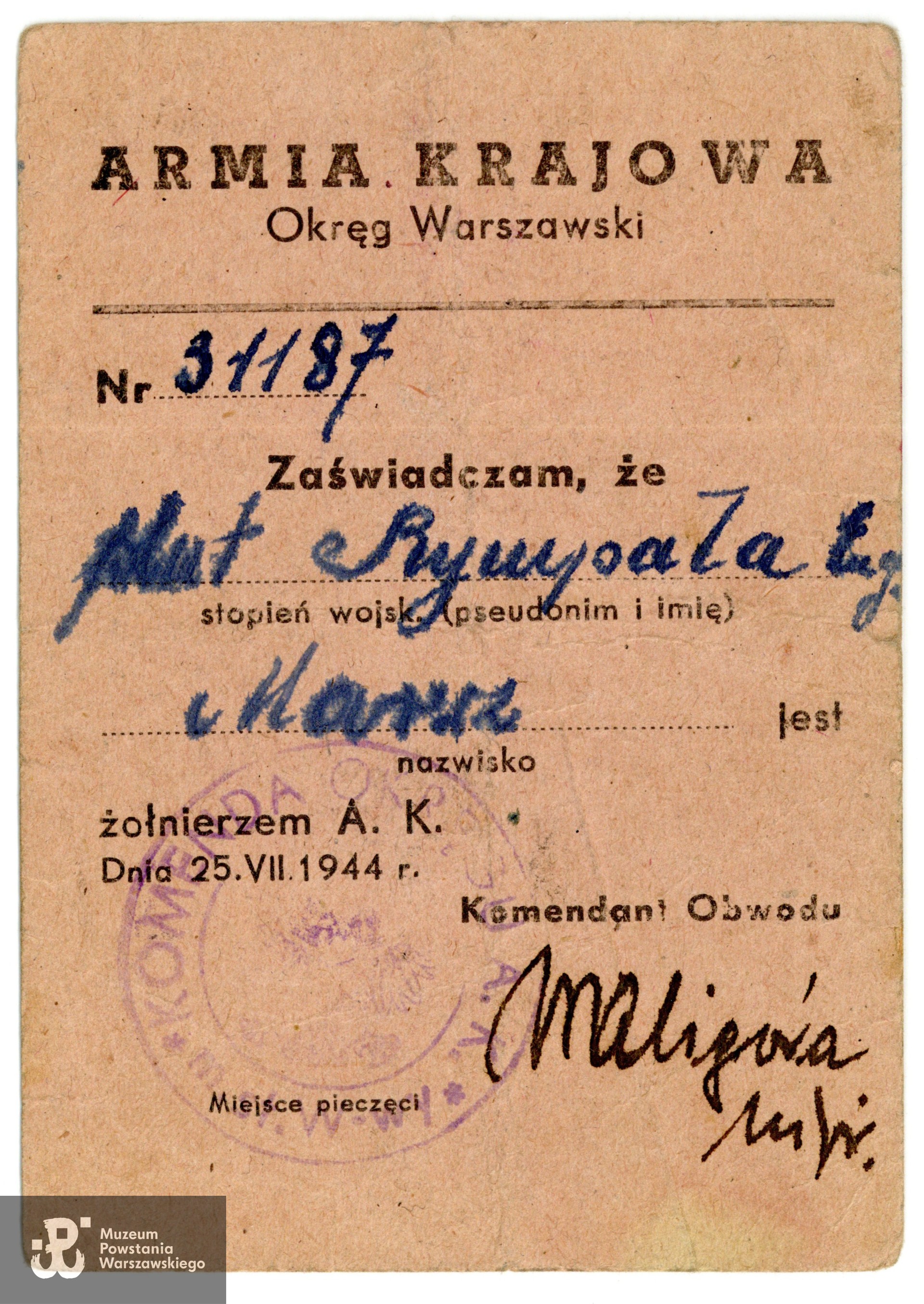 Legitymacja AK wystawiona na nazwisko Eugeniusz Marsz ps.  Rympała. Ze zbiorów Muzeum Powstania Warszawskiego, sygn.  P/10053/25