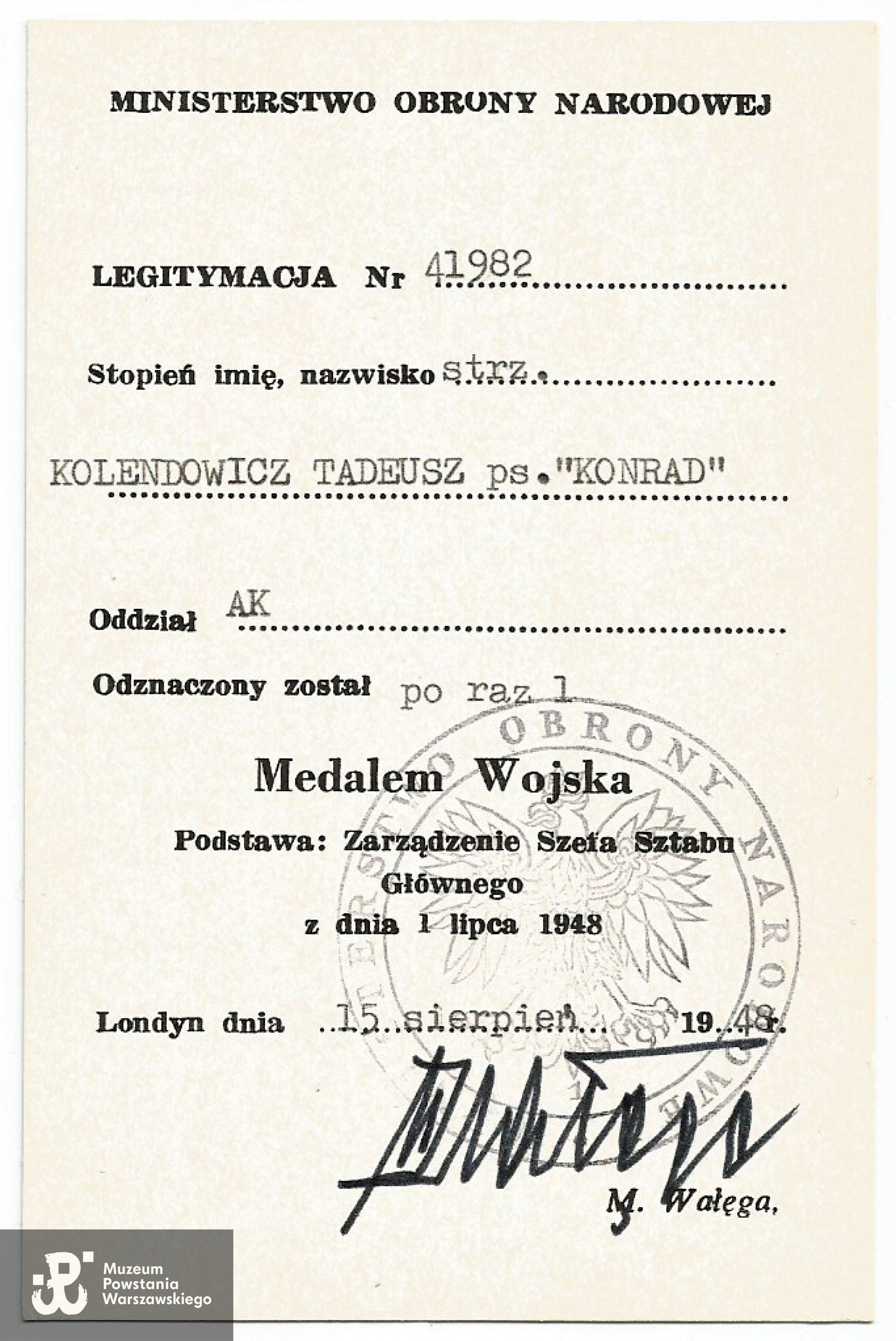 Legitymacja odznaczeniowa - Medal Wojska. Londyn, 1948. Ze zbiorów rodzinnych p. Ewy Kolendowicz