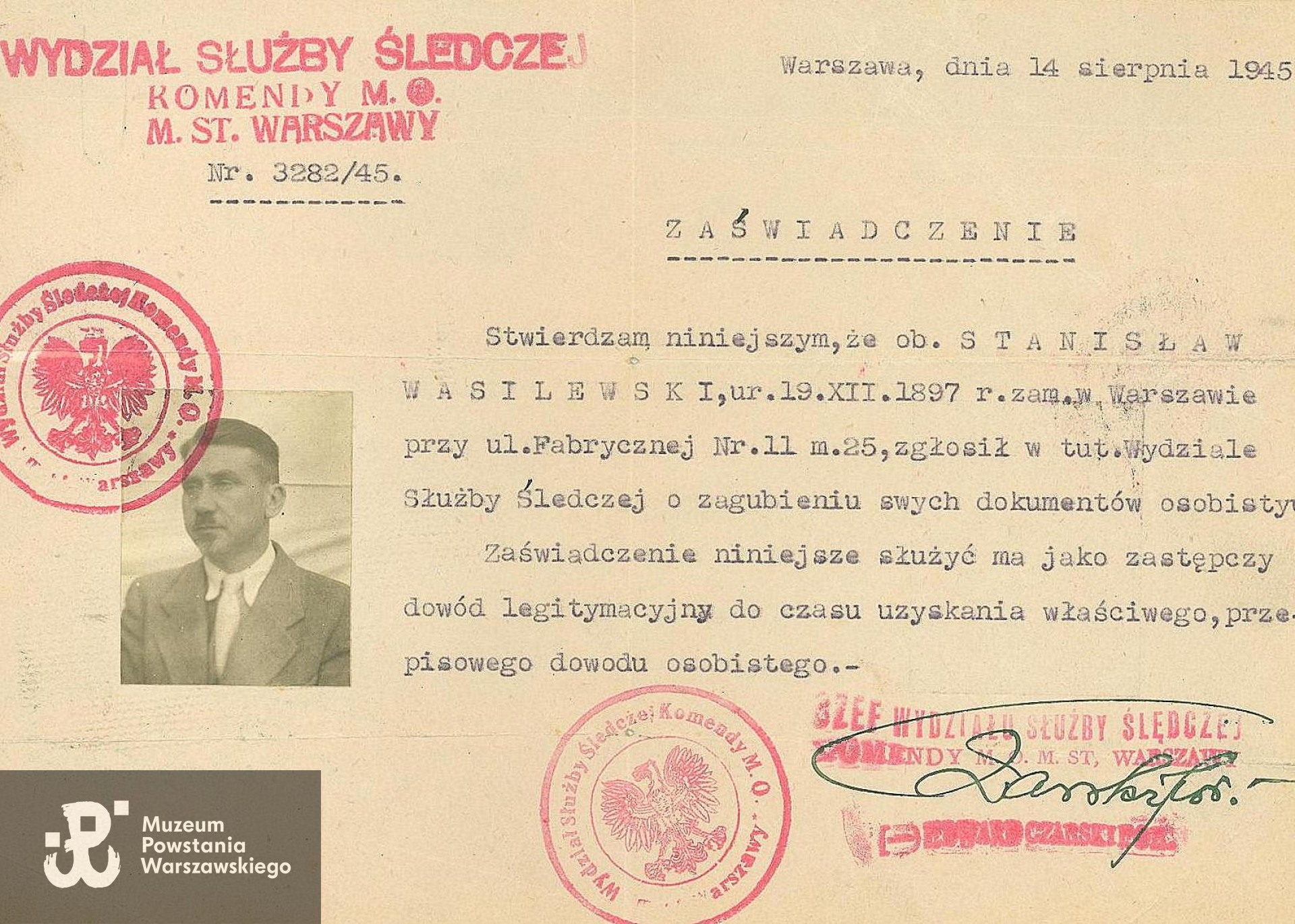 Muzeum Powstania Warszawskiego,  Teczki personalne uczestników Powstania Warszawskiego: Wasilewski Stanisław  "Rogala"