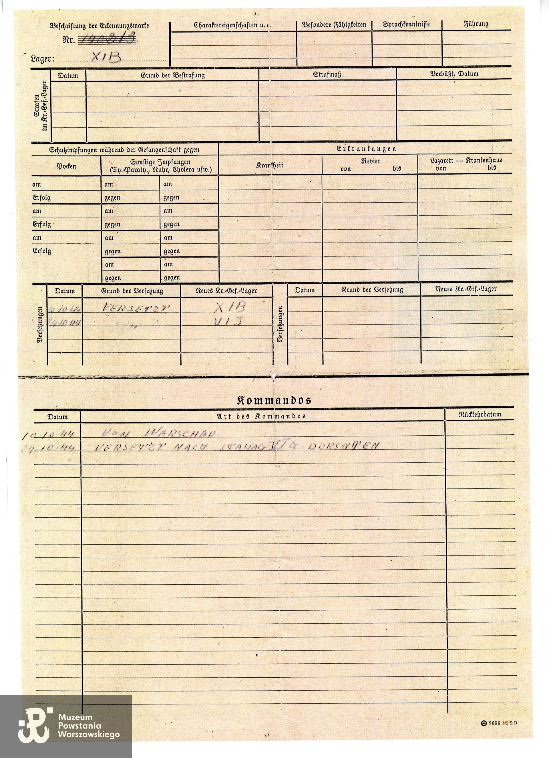 Personalkarte - karta personalna jeńca wojennego Jerzego Wilhelmiego, październik 1944 r. Skan z kserokopii,  Muzeum Powstania Warszawskiego, Teczki personalne uczestników Powstania Warszawskiego: Wilhelmi Jerzy. 