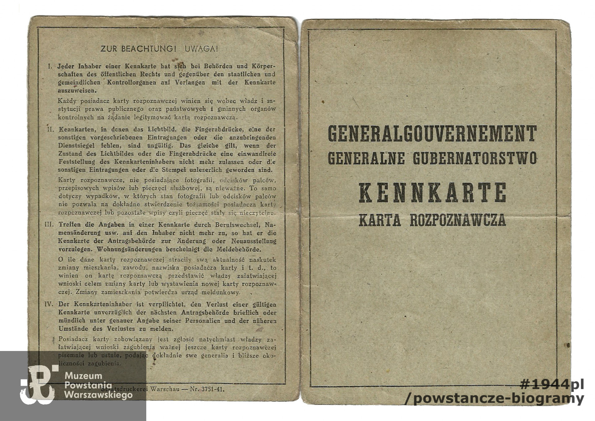 Należąca do Tadeusza Kolendowicza Kennkarta z czasów okupacji niemieckiej. Fot. ze zbiorów rodzinnych, udostępniona przez p. Ewę Kolendowicz