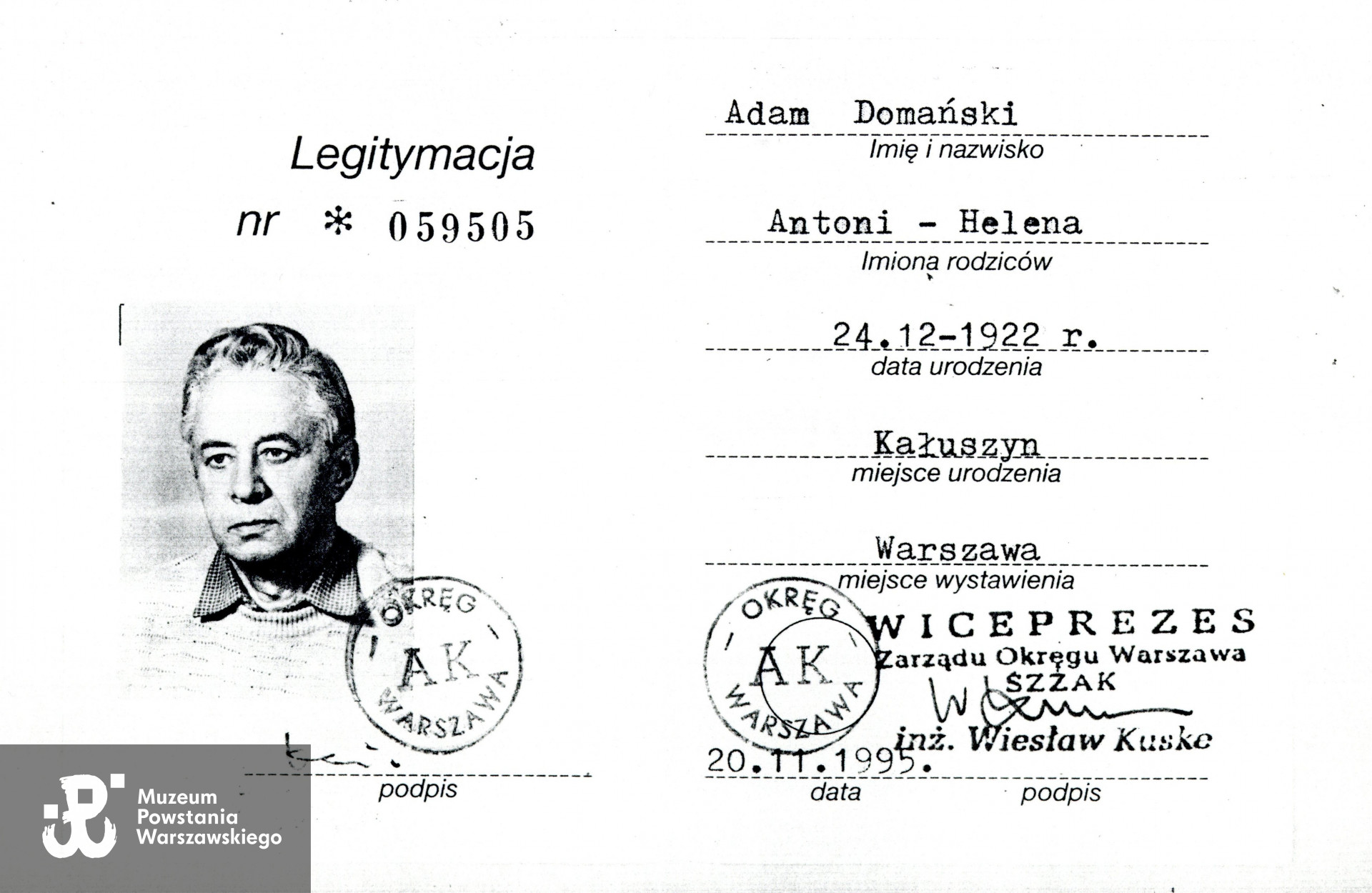 Legitymacja ŚZŻAK, skan z kserokopii.  Skan wykonano w Muzeum Powstania Warszawskiego w lutym 2024 r. 