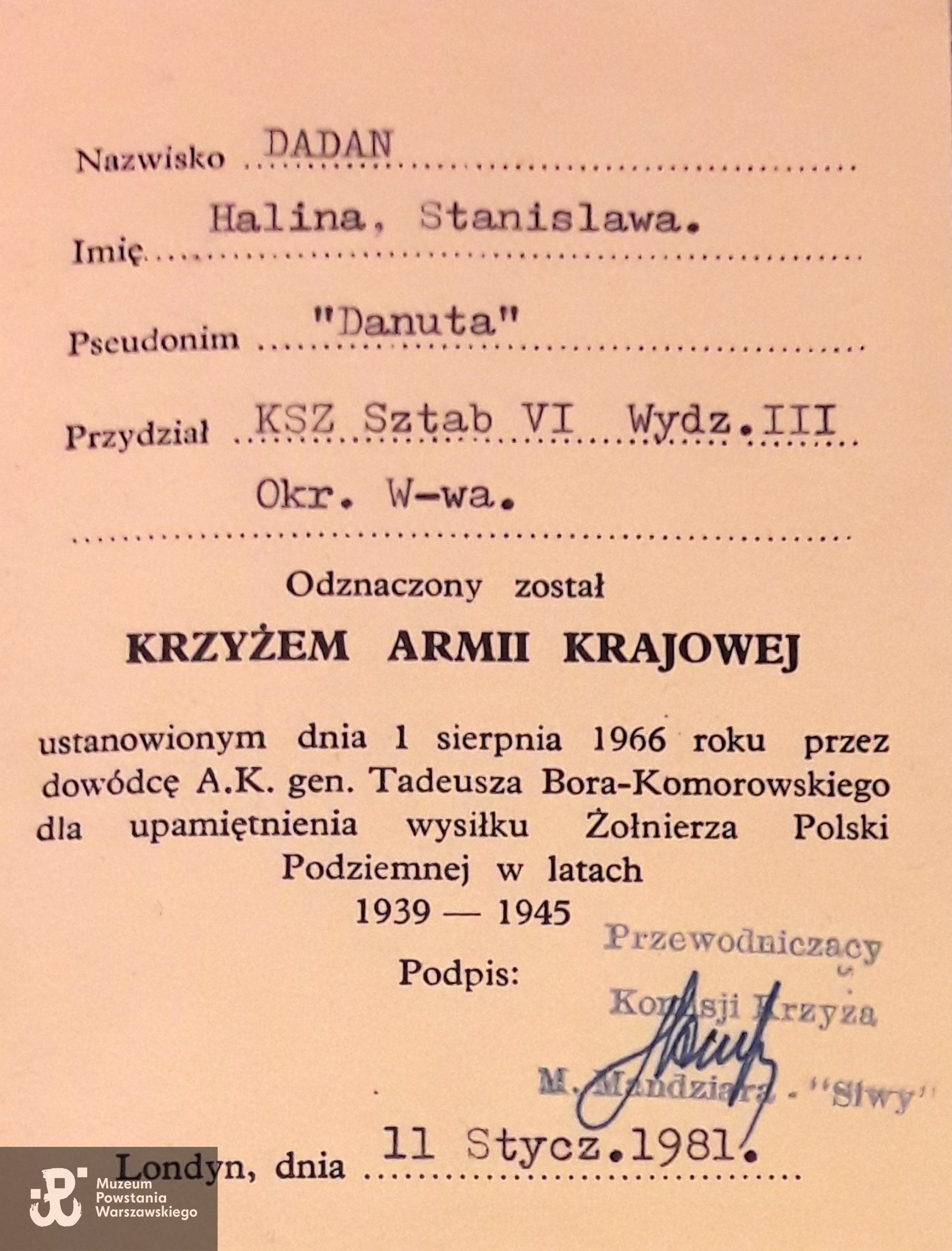 Legitymacja odznaczeniowa - Krzyż Armii Krajowej.  Ze zbiorów rodzinnych