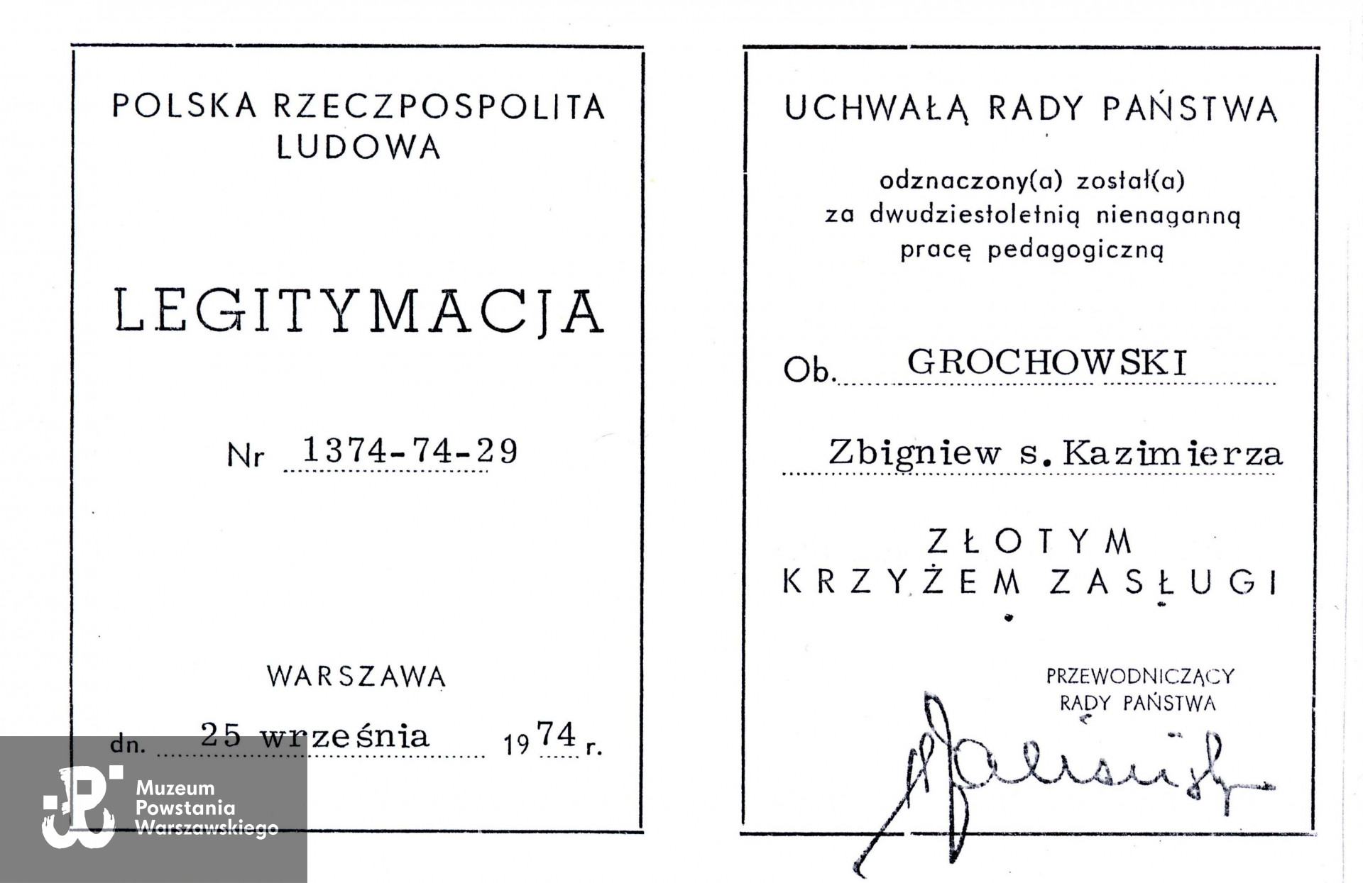 Muzeum Powstania Warszawskiego, Teczki personalne uczestników Powstania Warszawskiego: Grochowski Zbigniew