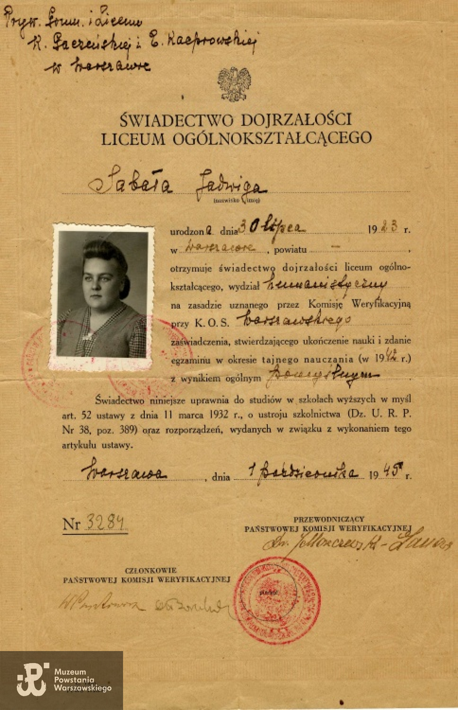 Świadectwo dojrzałości - październik 1945. Z archiwum rodzinnego córek.