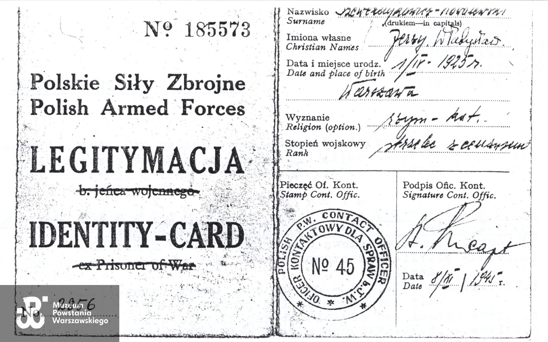 Legitymacja Byłego Jeńca Wojennego. Muzeum Powstania Warszawskiego, Teczki personalne uczestników Powstania Warszawskiego, skan z kserokopii