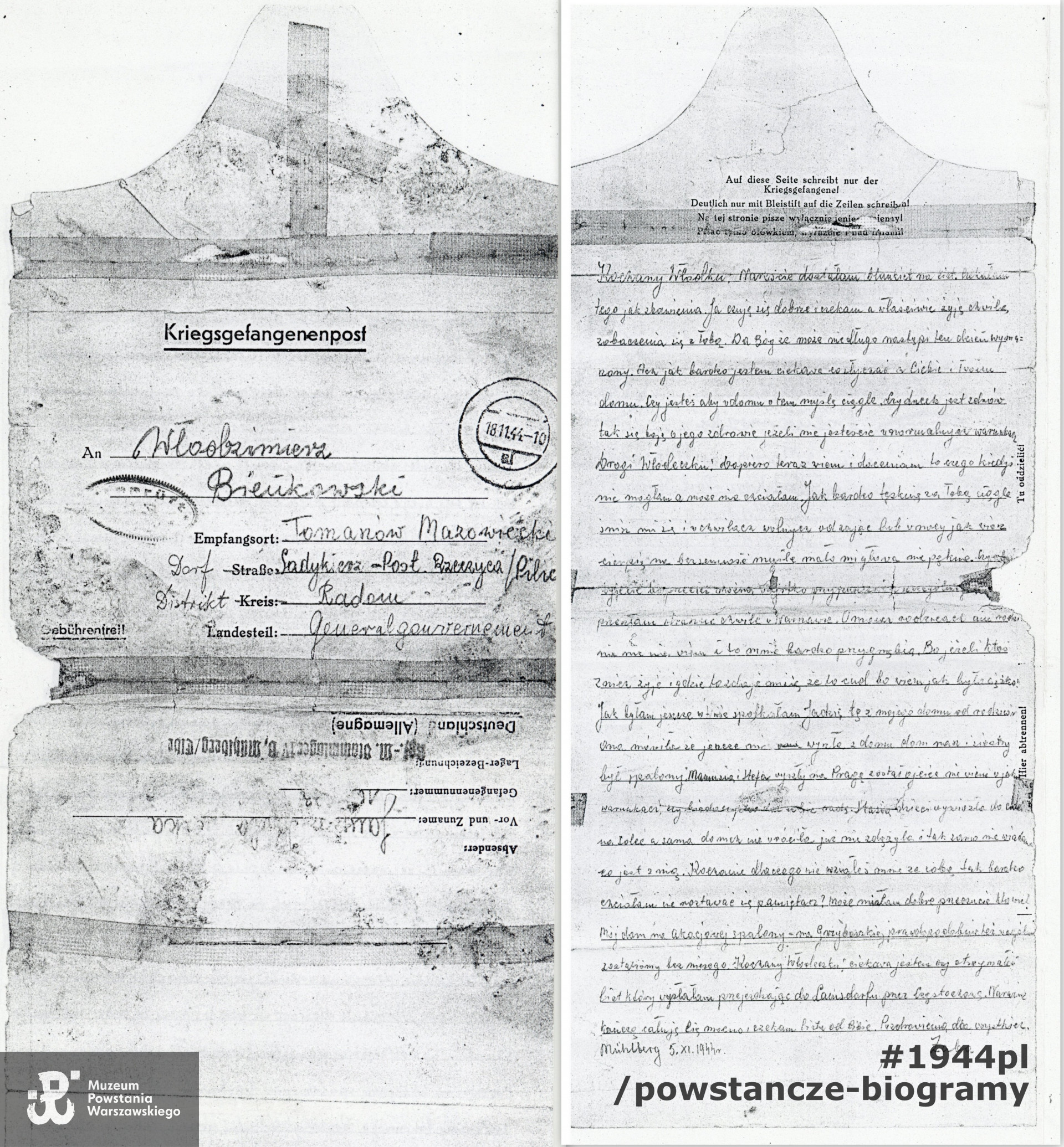 Korespondencja obozowa - listy Janiny Kolasińskiej i Włodzimierza Bieńkowskiego