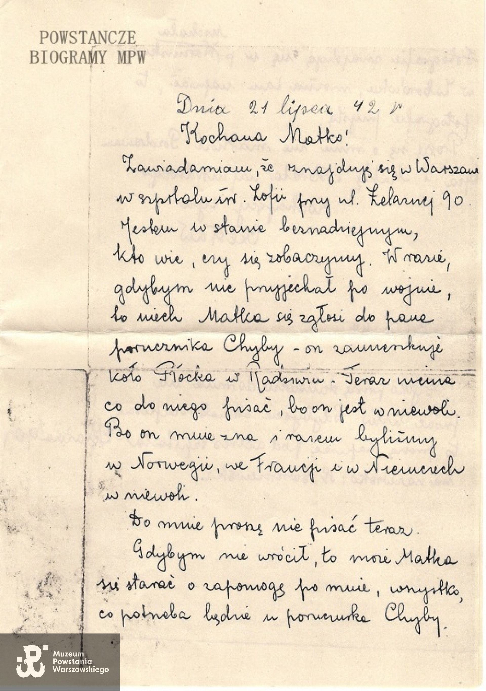 List Czesława do matki pisany w lipcu 1942 r. Z archiwum rodzinnego Karoliny Wichrowskiej