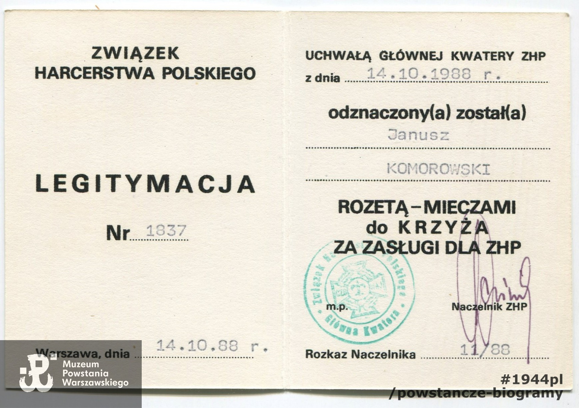 Legitymacja odznaczeniowa ze zbiorów p. Janusza Komorowskiego ps. „Antek”. Skan - materiały do Słownika Uczestników PW/Pokój Kombatanta MPW