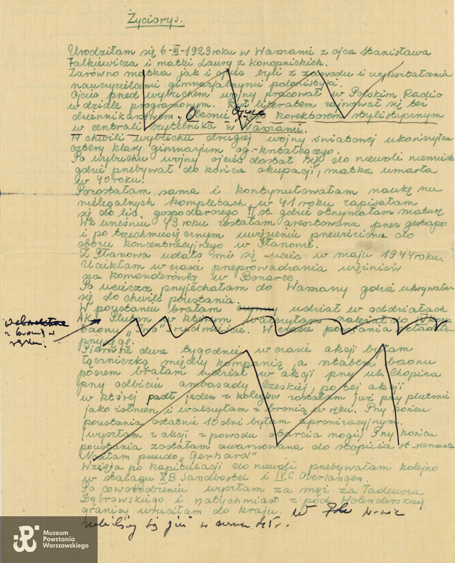 Życiorys Marii Falkiewicz (wówczas Dąbrowskiej) spisany po wojnie. Na rękopisie widoczne uwagi i fragmenty wykreślone. Ze zbiorów p. Jerzego Sajdaka, syna.