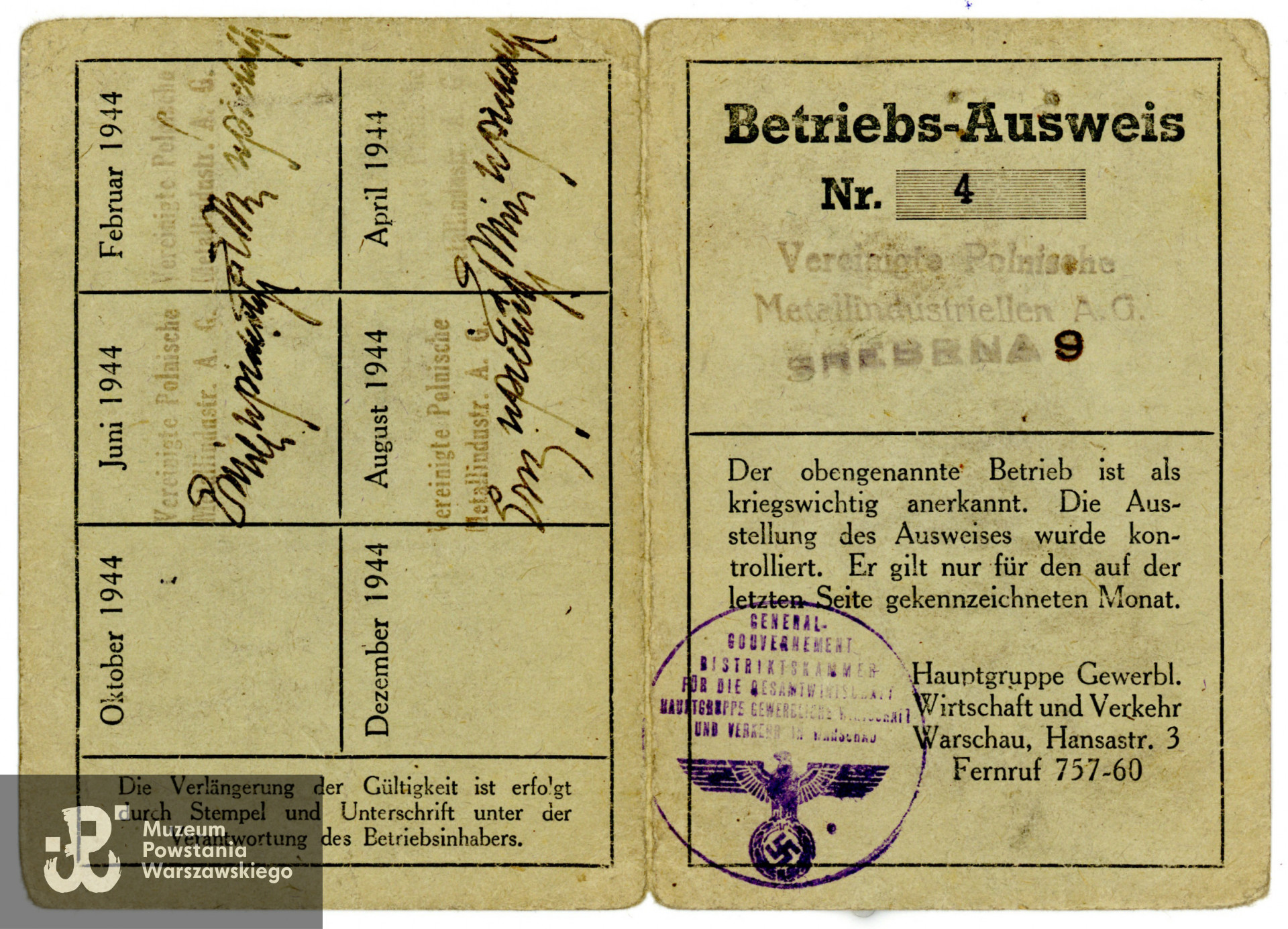  Betriebs-Ausweis (Legitymacja pracownicza) Stanisława Mariana Poławskiego. Dokument z archiwum rodzinnego p. Pawła Poławskiego, syna Powstańca. Skan wykonano w Muzeum Powstania Warszawskiego w grudniu 2023. 