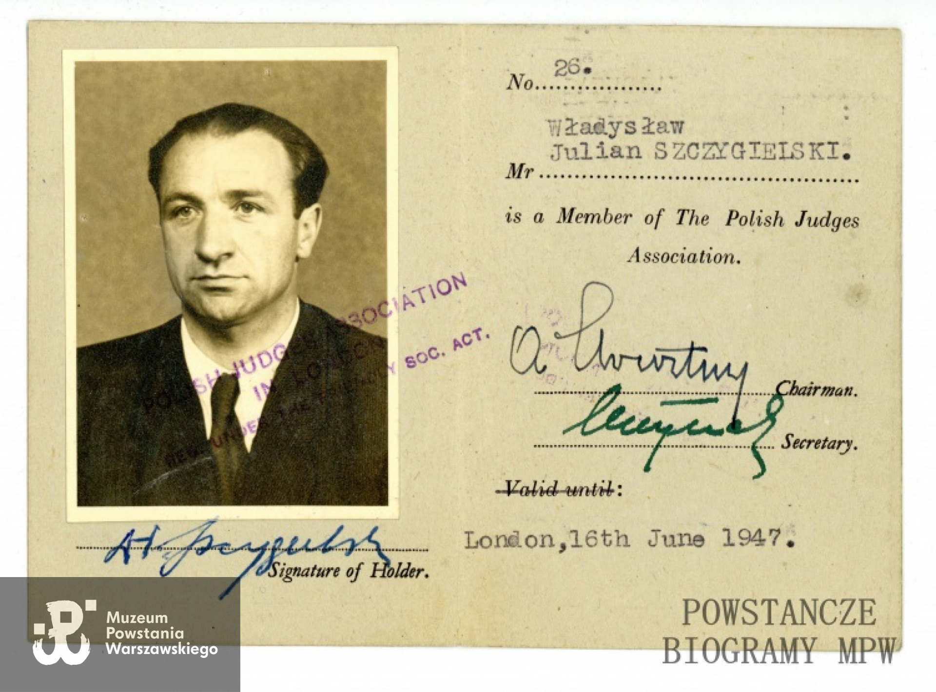 Legitymacja Związku zawodowego Prawników Polskich w Wielkiej Brytanii, 1947 rok. Ze zbiorów Muzeum Powstania Warszawskiego, sygn. P/5450