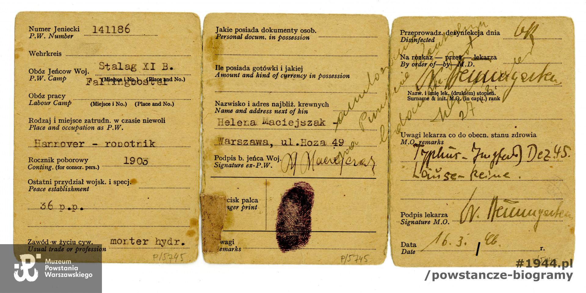 Należąca do Mieczysława Maciejczaka ps. "Morus" legitymacja byłego jeńca wojennego. Ze zbiorów Muzeum Powstania Warszawskiego  P/5745/07