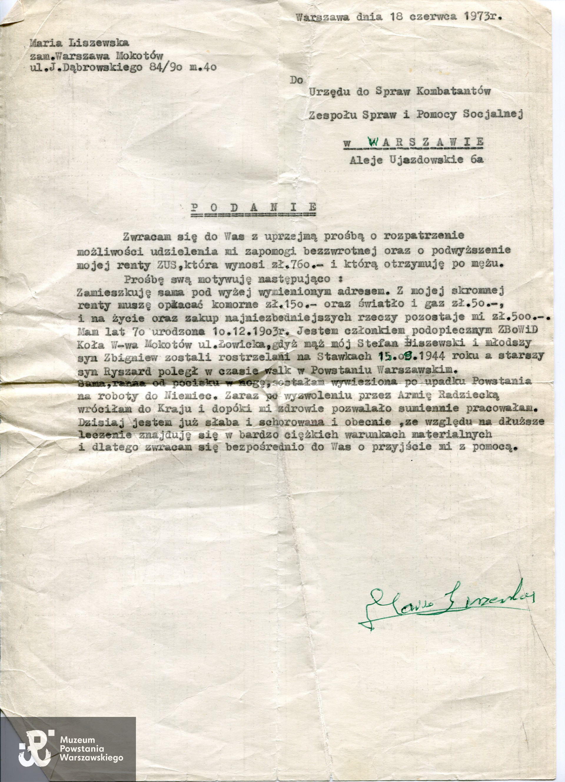 Podanie wdowy, Marii Liszewskiej, matki obu poległych żołnierzy o pomoc do Urzędu ds. Kombatantów. Ze zbiorów  p. Jana Zagórskiego
