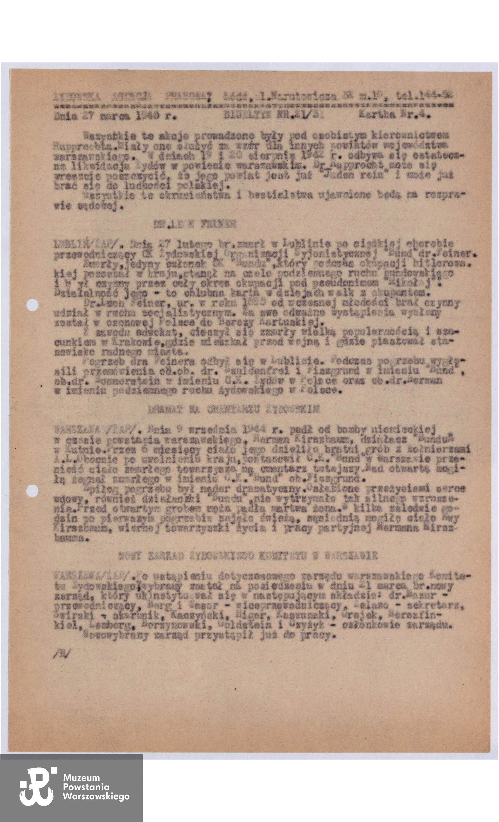"Dramat na Cmentarzu Żydowskim" - wzmianka w „Biuletynie Żydowskiej Agencji Prasowej” nr 21/31 z dnia 27 marca 1945 roku