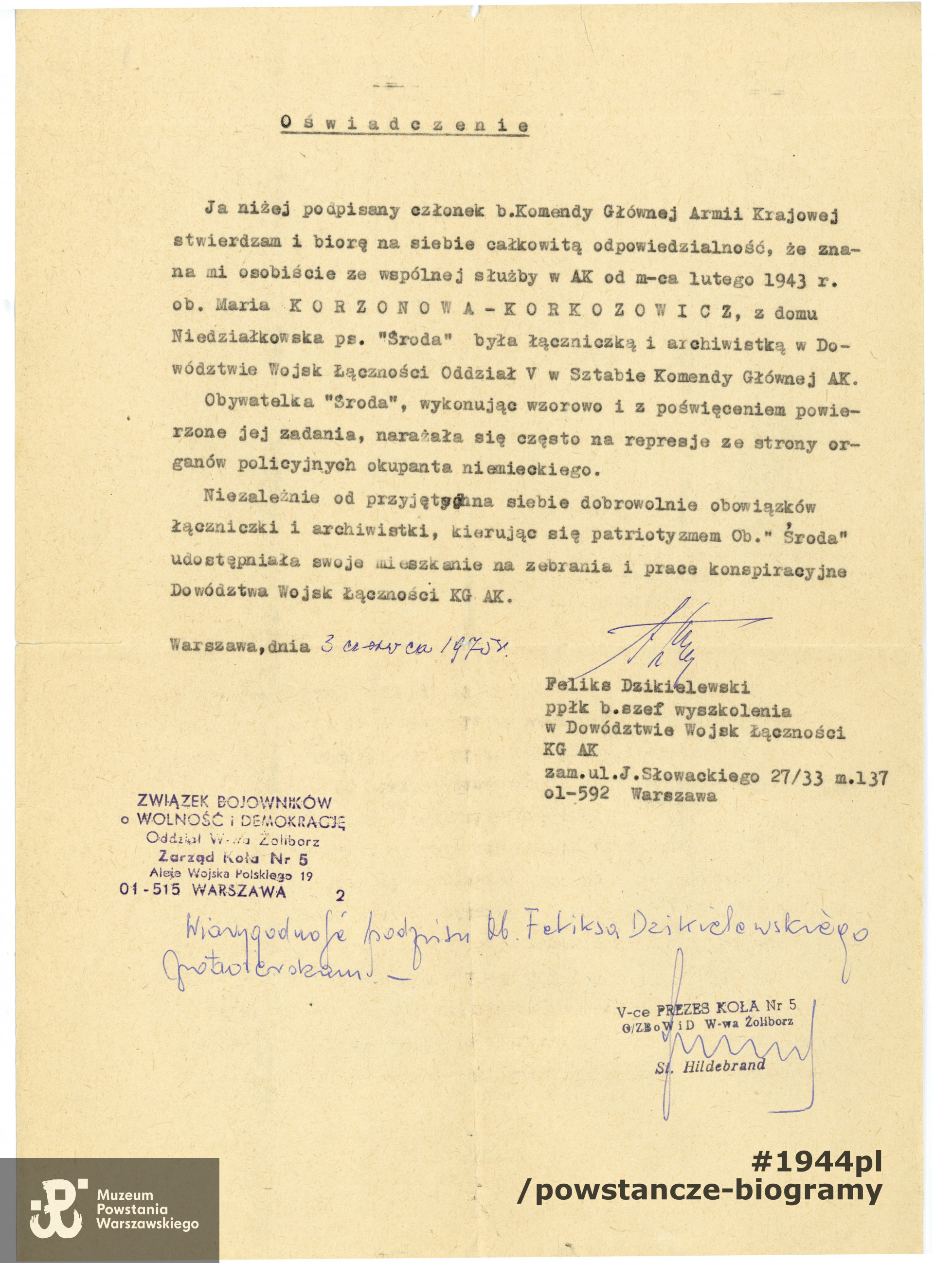 Oświadczenie  ppłk. Feliksa Dzikielewskiego, b. szefa wyszkolenia w Dowództwie Wojsk Łączności KG AK potwierdzające działalność konspiracyjną Marii Niedziałkowskiej - Korzon - Korkozowicz, źródło MPW-teczka.