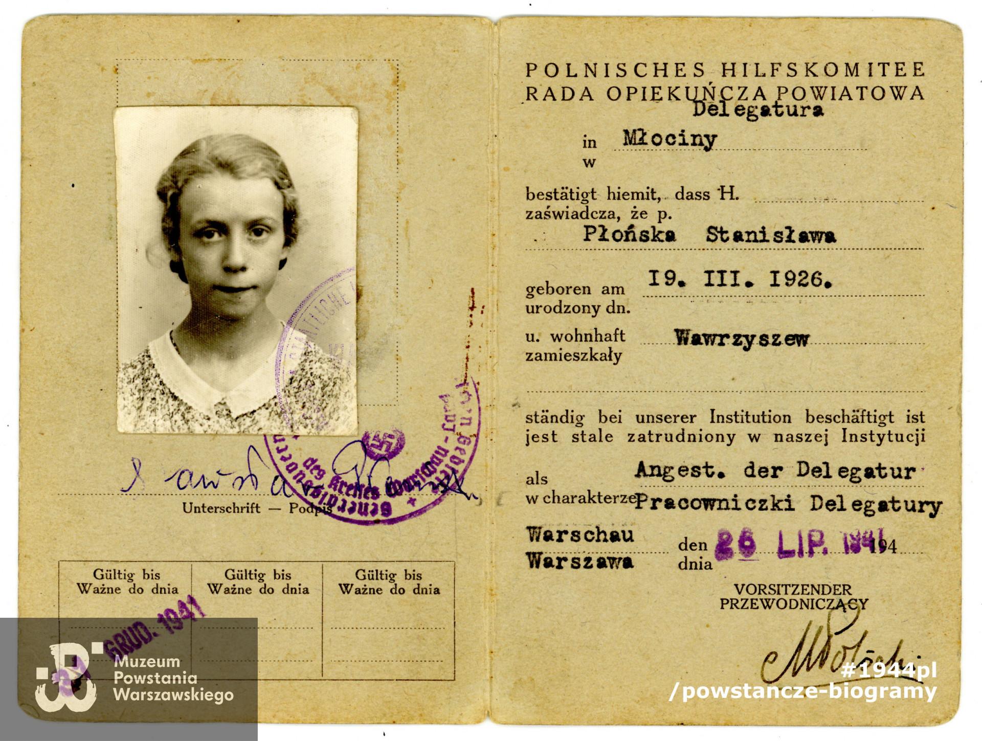 Legitymacja Rady Głównej Opiekuńczej, Delegatura Młociny, wystawiona na nazwisko Stanisława Płońska.  Ze zbiorów Muzeum Powstania Warszawskiego, sygn. MPW-A-6530 (P/6240/08).