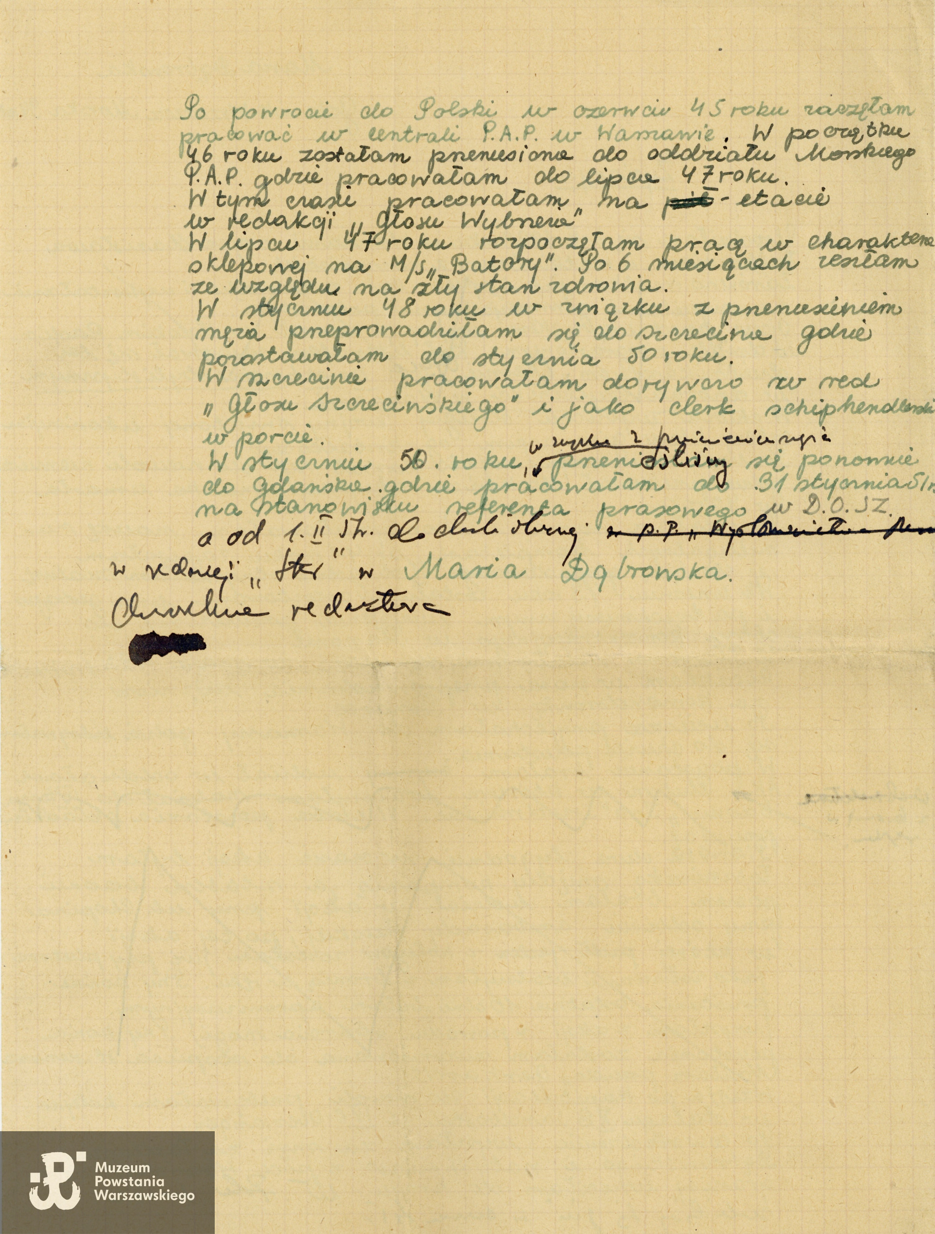 Życiorys Marii Falkiewicz (wówczas Dąbrowskiej) spisany po wojnie. Na rękopisie widoczne uwagi i fragmenty wykreślone. Ze zbiorów p. Jerzego Sajdaka, syna.