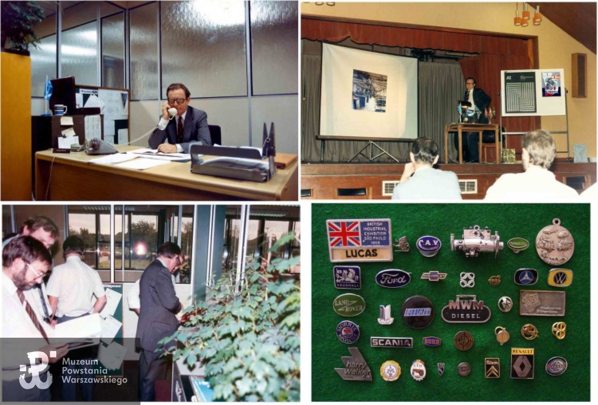 Od 1978 znowu w Anglii Krzysztof Głuchowski, zakończył swą pracę w Laboratorium Diesel jako Kierownik Projektu, odpowiedzialny za wprowadzenie wyposażenia CAV na silnikach diesla w samochodach osobowych Forda i Fiata. Fotografie: 1 - W swym gabinecie.  2 - Z pożegnalnego spotkania z ponad 100 kolegami z CAV i Forda przed przejściem na emeryturę w roku 1988. Na tablicy z prawej plakat z czasów wojny z fotografia polskiego lotnika i napisem "Polish Airforce - Hand in Hand with Britain". 3 - Z wystawy w gabinecie. 4 - Znaki CAV, Condiesel, Lucas do Brasil i Roto Diesel gdzie pracował i również firm przemysłu samochodowego, z którymi miał kontakt służbowy podczas swej kariery zawodowej. Z archiwum rodzinnego Krzysztofa Głuchowskiego.