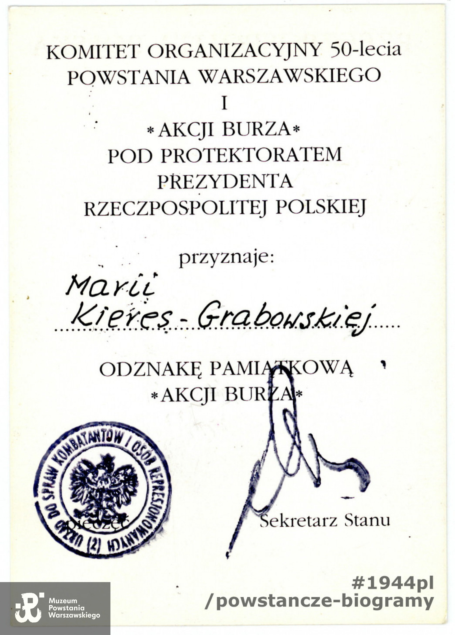 Legitymacja odznaczeniowa ze zbiorów rodzinnych p. Joanny Kozłowskiej, córki
