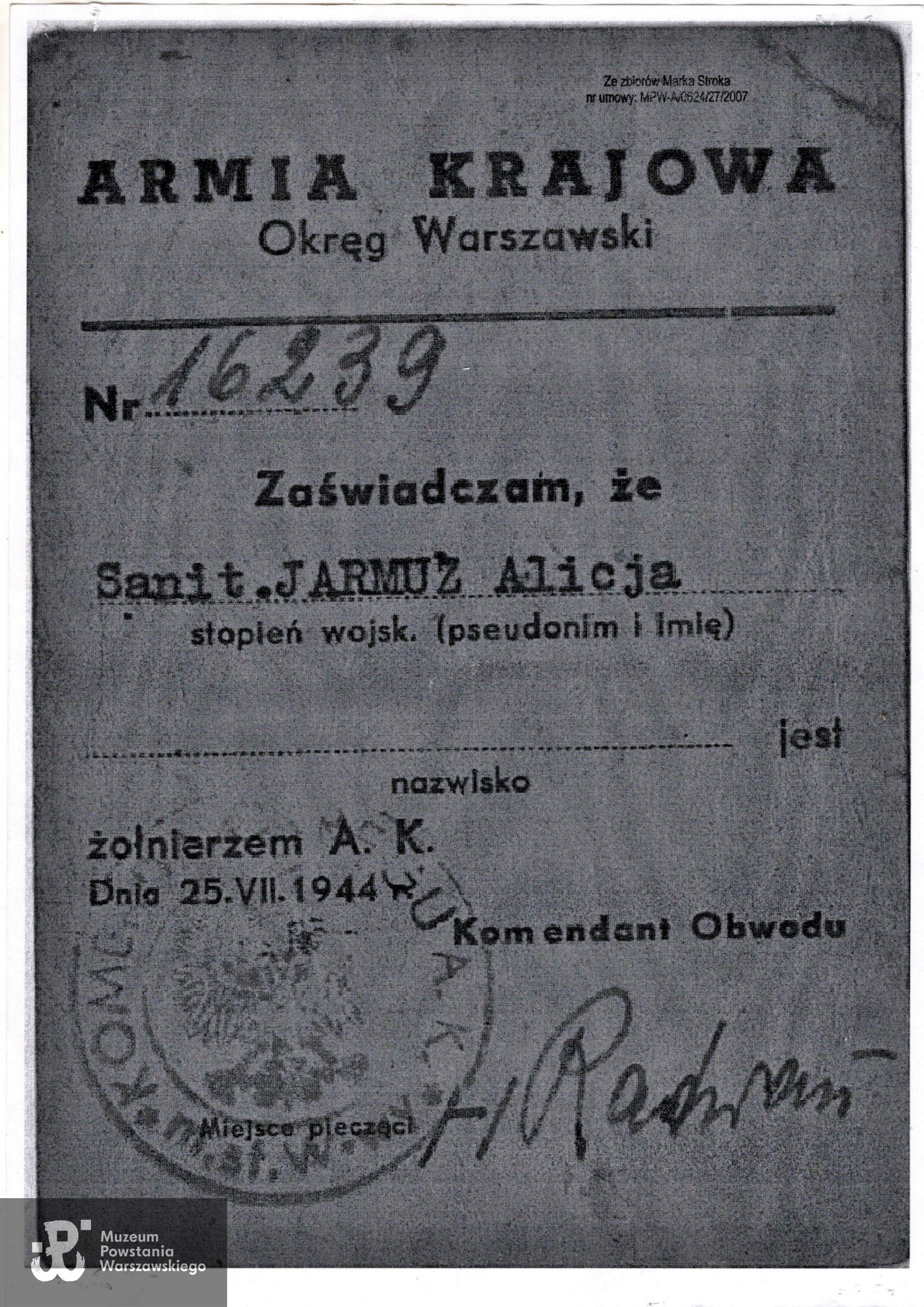 Kserokopia należącej do Alicji Treutler legitymacji AK.  Źródło: Teczki personalne uczestników Powstania Warszawskiego: Treutler-Biega Alicja
