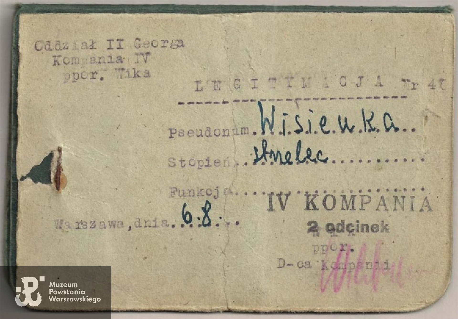 Jedna z nielicznych zachowanych legitymacji Oddziału II Georga - łączniczka "Wisienka" Wiesława Stala