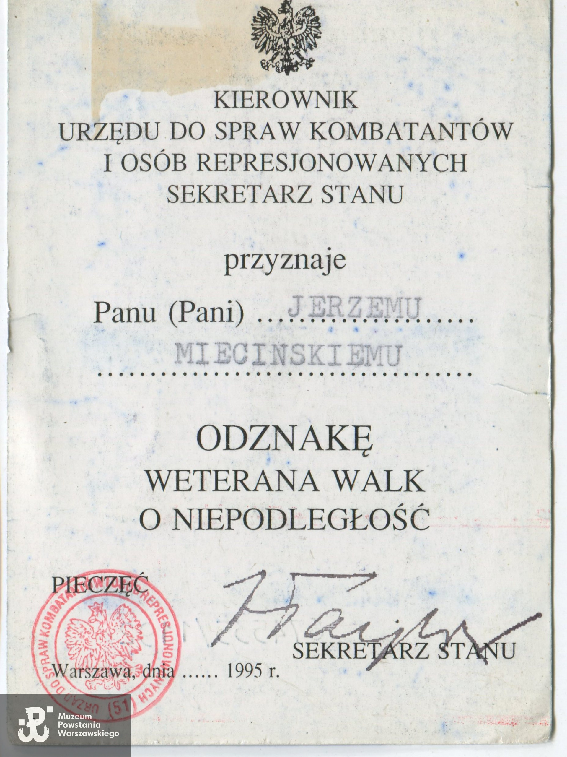 Muzeum Powstania Warszawskiego, Teczki personalne uczestników Powstania Warszawskiego: Mieciński Jerzy "Sum", zasób Pokoju Kombatanta MPW