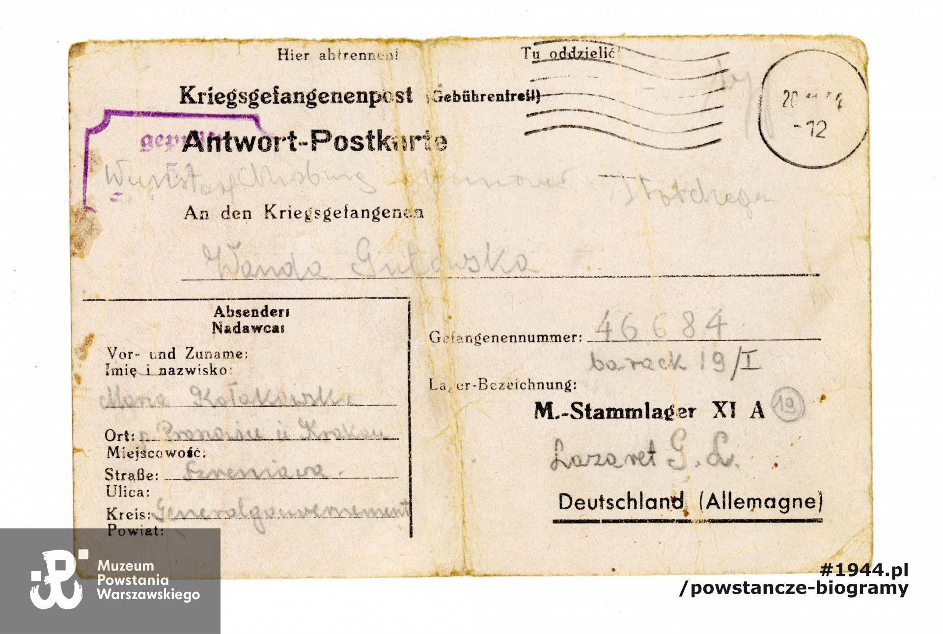 Korespondencja obozowa. Dokument ze zbiorów Muzeum Powstania Warszawskiego.