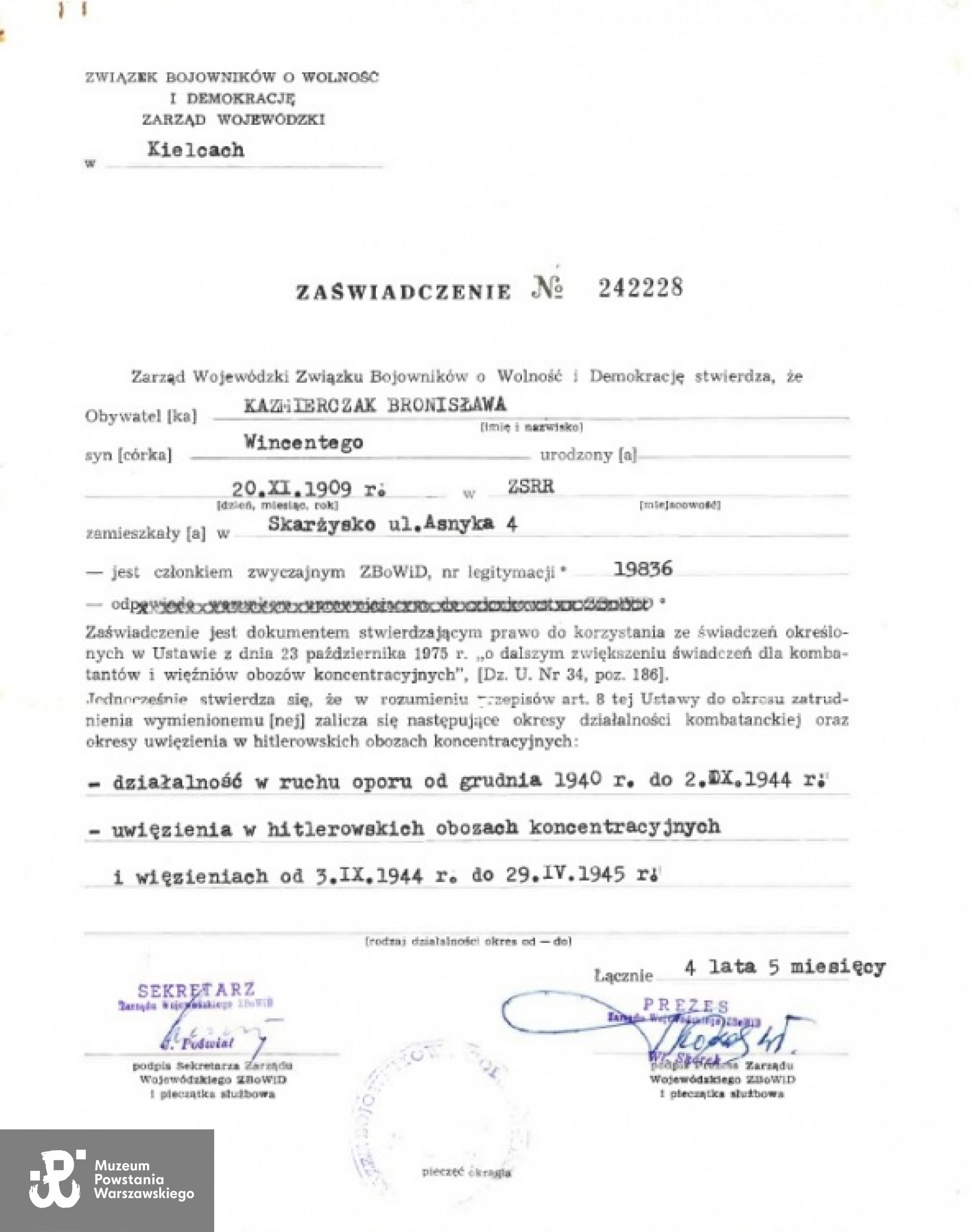 Zaświadczenie ZBoWiD. Udostępnił z archiwum rodzinnego Waldemar Hoff