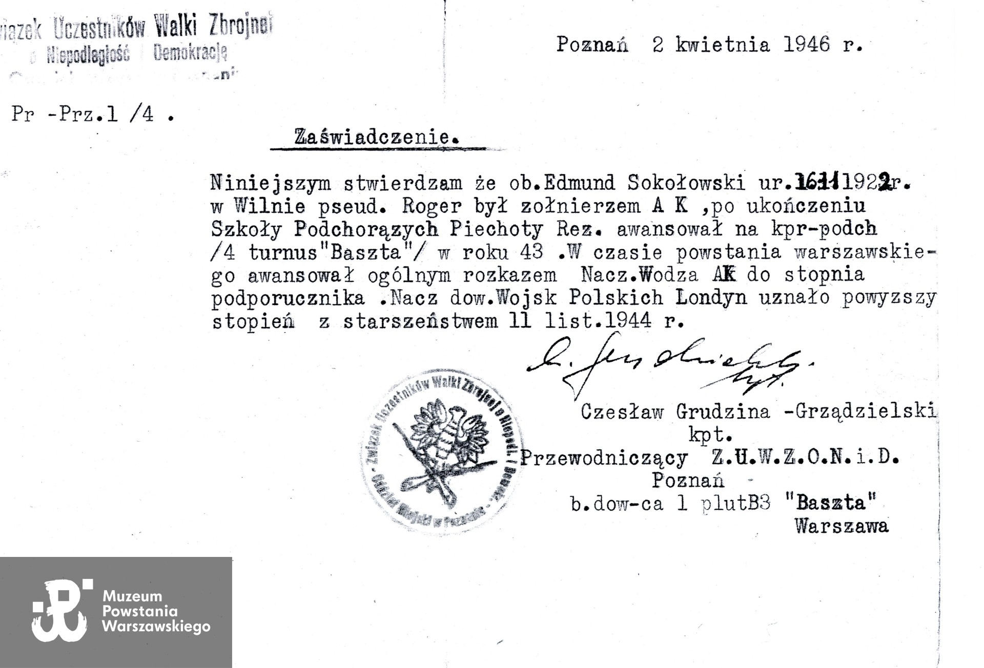 Zaświadczenie o posiadanym stopniu wojskowym. Muzeum Powstania Warszawskiego, Teczki personalne uczestników Powstania Warszawskiego: Sokołowski Edmund