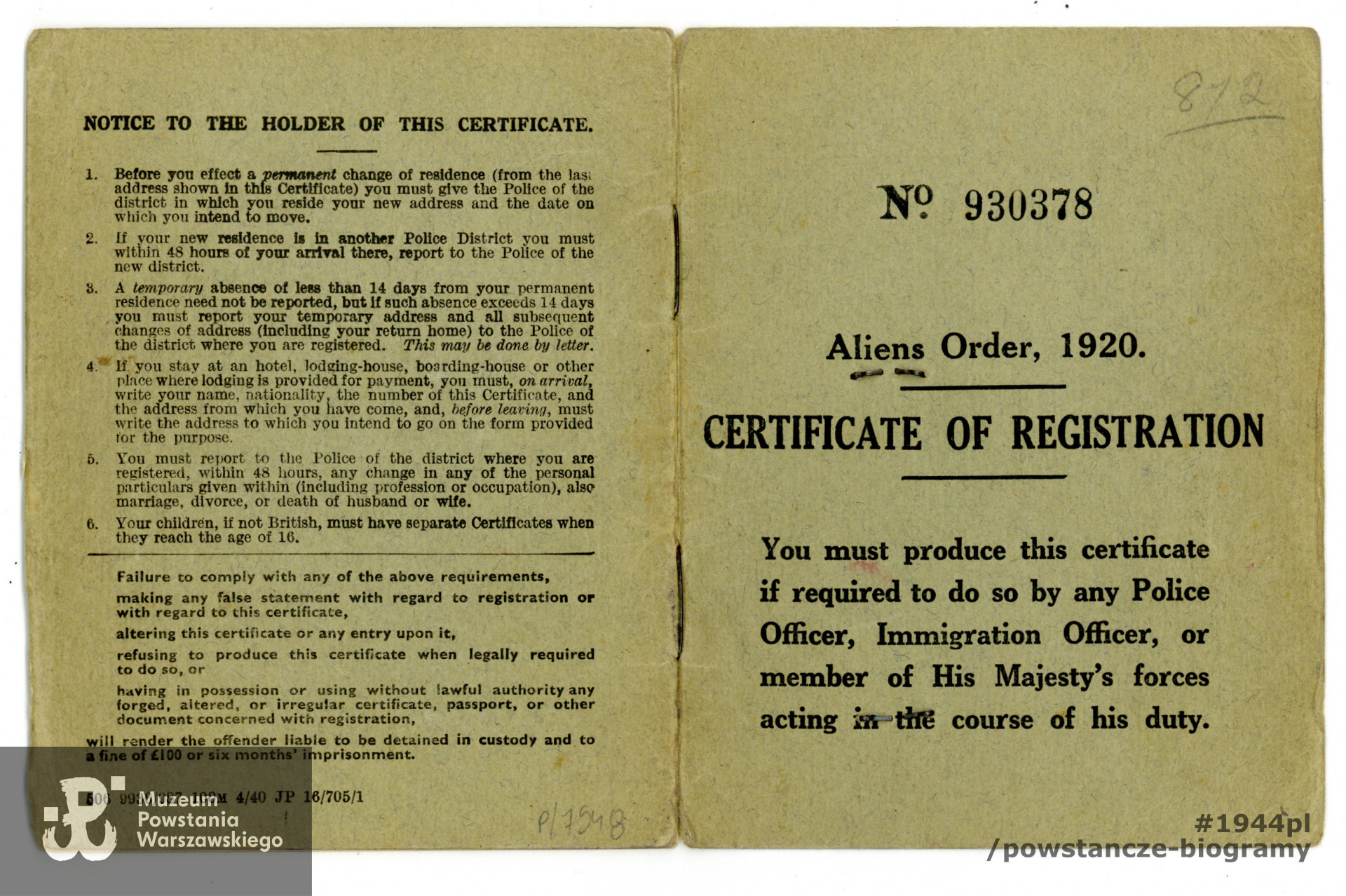 Dokument tożsamości (Certificate of Registration) ze zdjęciem wystawiony na nazwisko Janina Zofia Wiśniewska. Ze zbiorów Muzeum Powstania Warszawskiego sygn. P/7948/14, dar p. Krystyny Rachwał