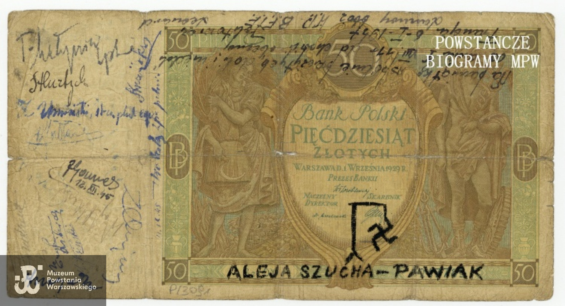 Banknot RP o nominale  50 zł - data emisji 1929 rok z napisami i rysunkami wykonanymi w czasie pobytu w obozie jenieckim. Ze zbiorów Muzeum Powstania Warszawskiego, sygn. P/3091, dar Stefanii Osiak