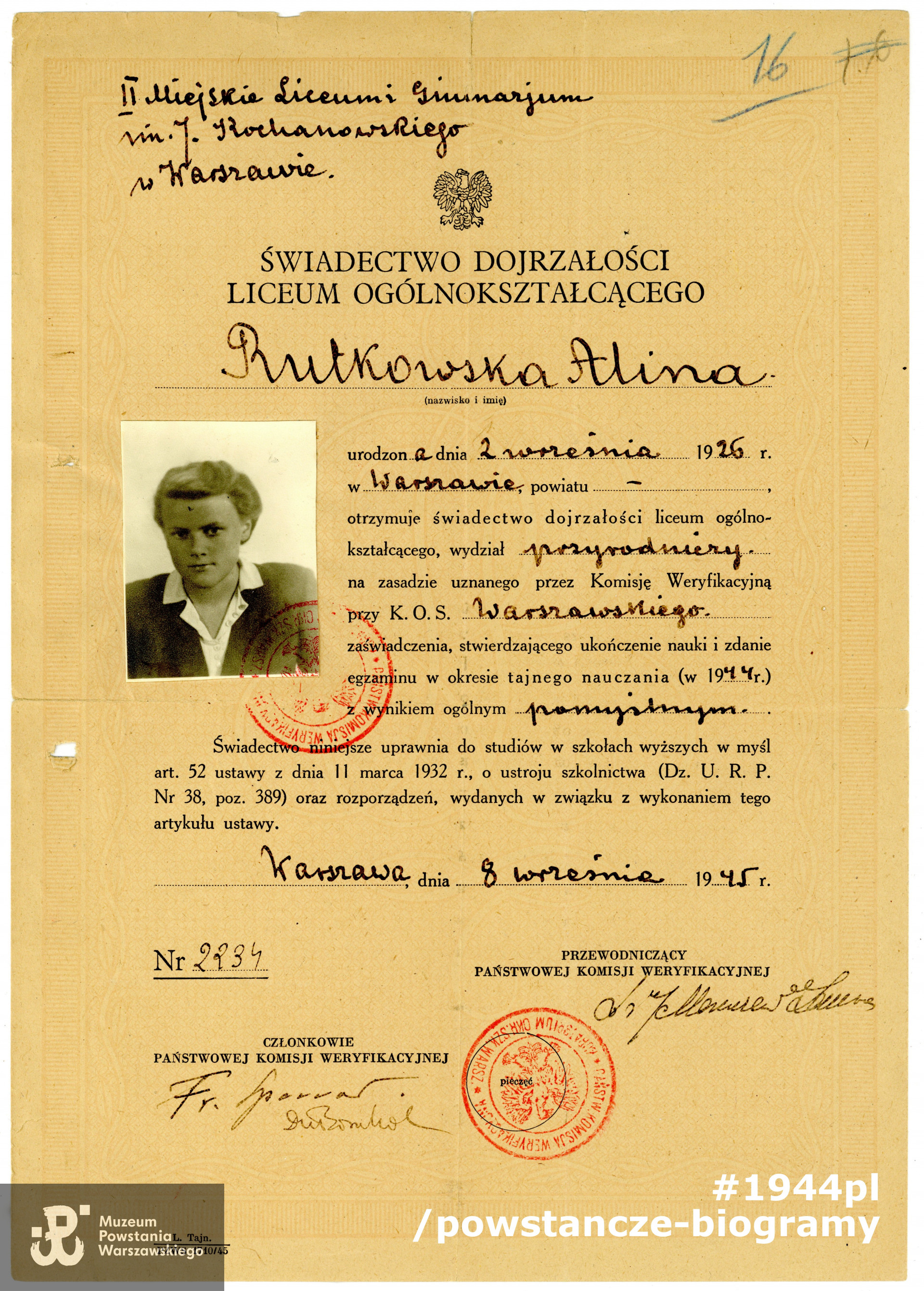 Ze zbiorów rodzinnych,  udostępnił p. Jana Polaczek, syn Aliny Polaczkowej z d. Rutkowskiej ps. Alina