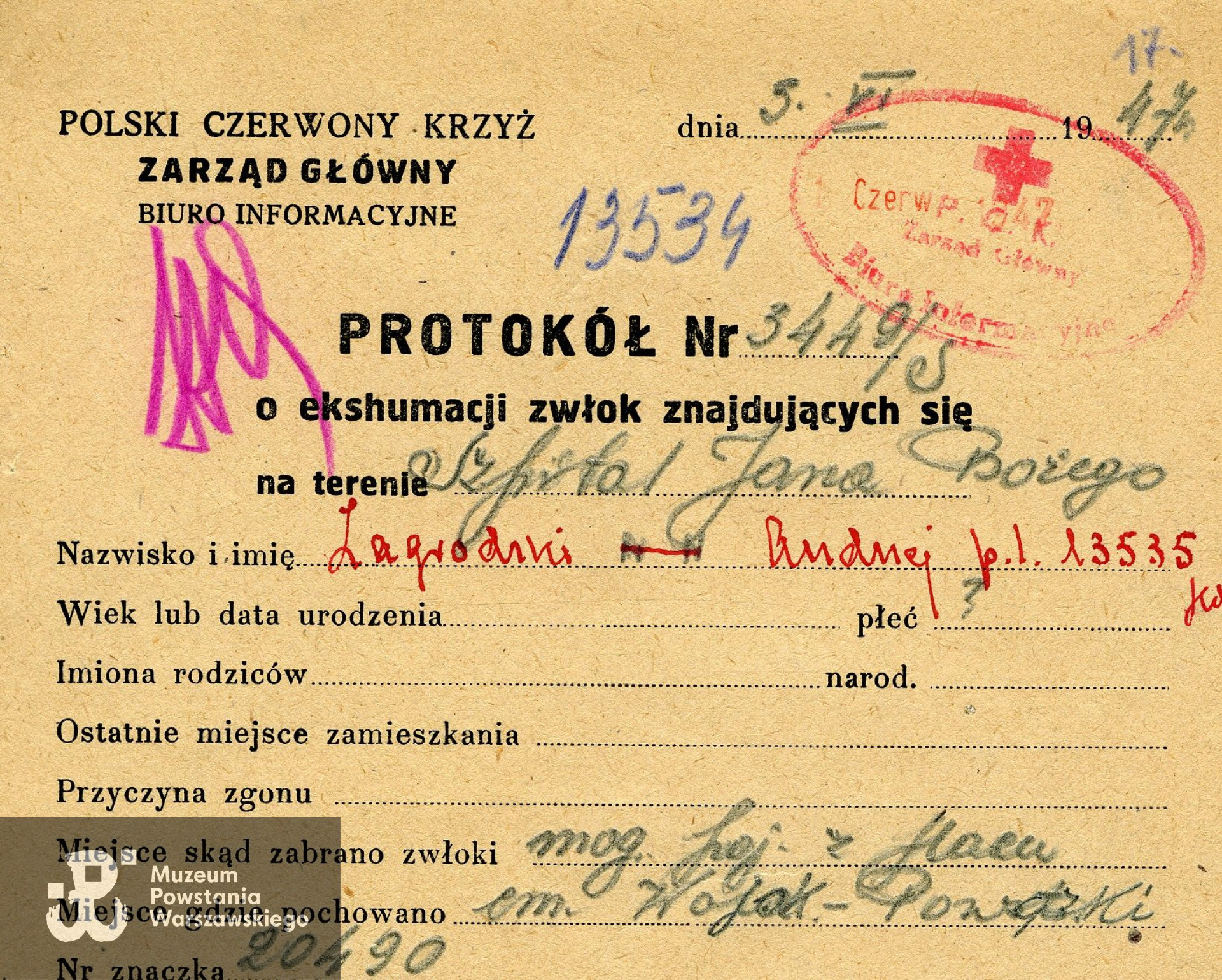 Źródło - Polski Czerwony Krzyż - protokół ekshumacyjny
