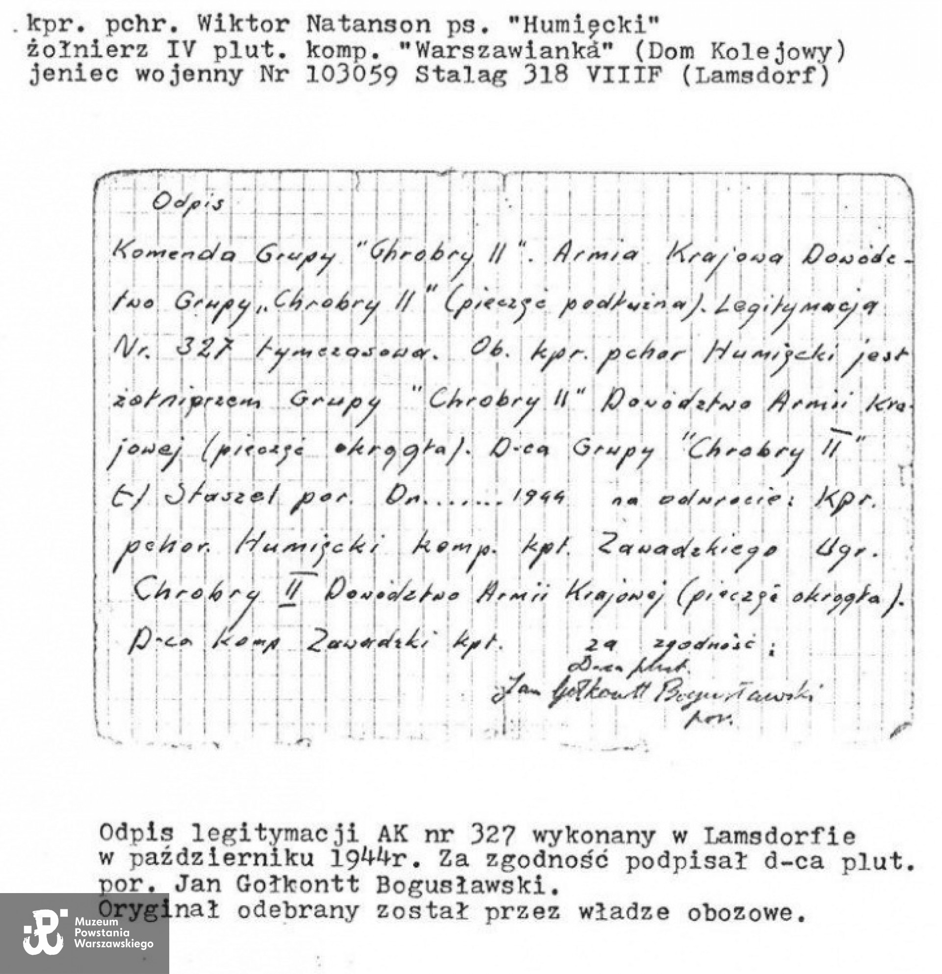 Odpis legitymacji AK  - Lamsdorf  1944