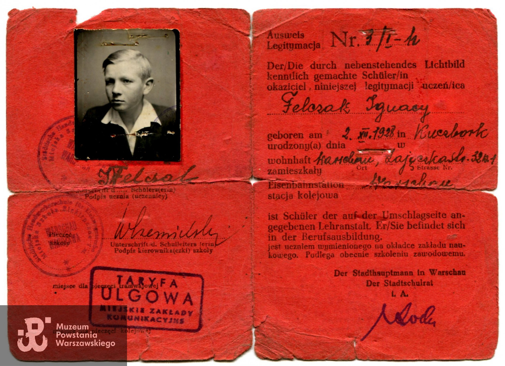 Legitymacja szkolna (Schülerausweis) z okresu okupacji niemieckiej. Zbiory prywatne p. Ignacego Felczaka.