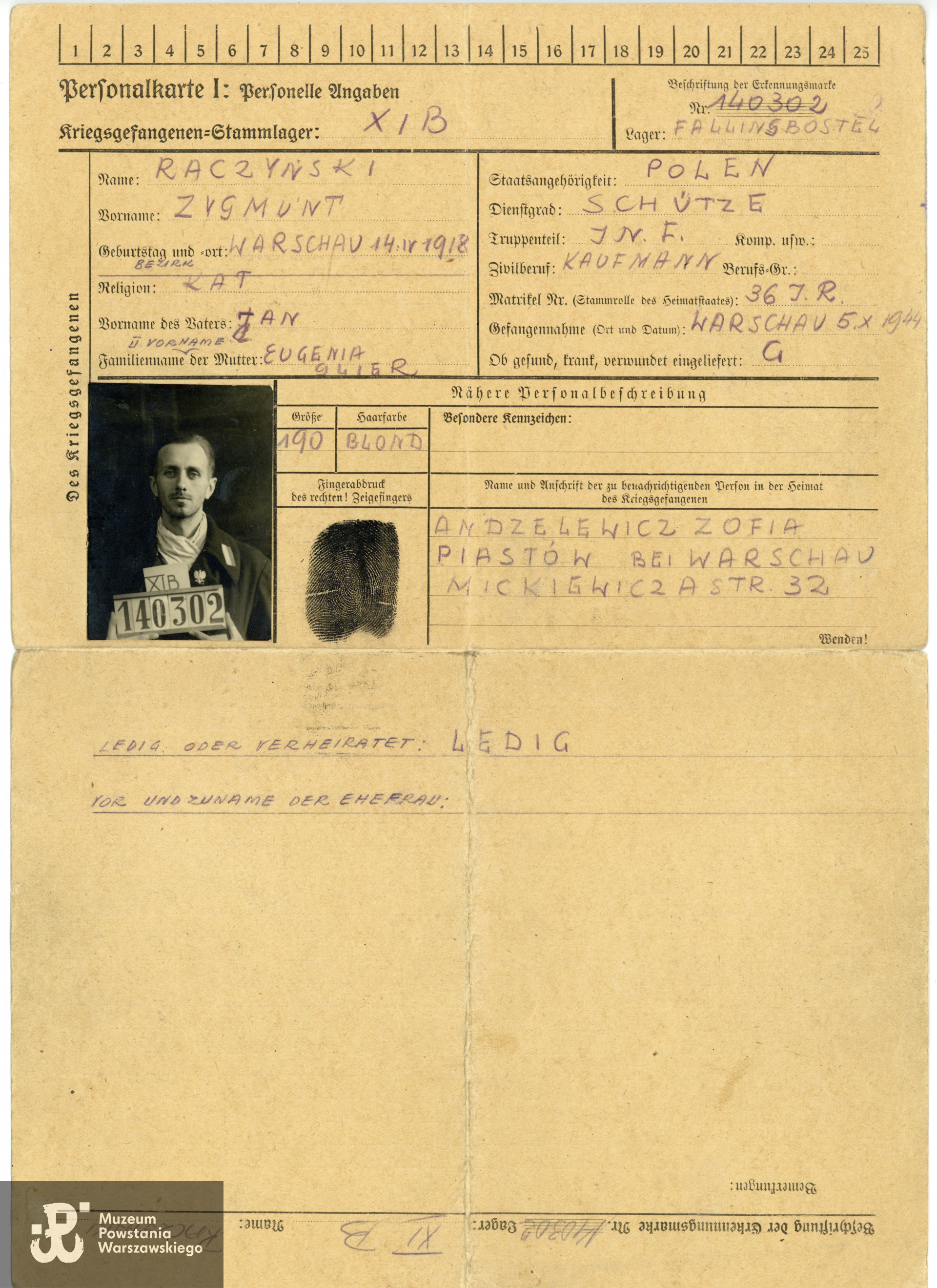 Personalkarte - Karta personalna z obozu jenieckiego Stalagu XI B wystawiona na nazwisko Zygmunt Raczyński. Ze zbiorów Muzeum Powstania Warszawskiego, sygn. P/9329/19, dar p. Jerzego Raczyńskiego, syna Powstańca