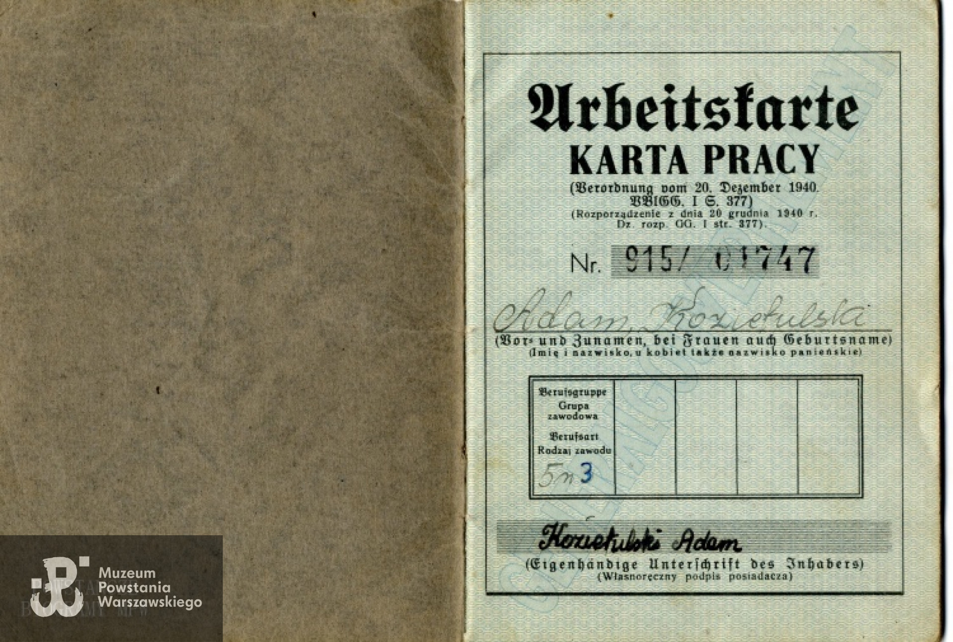Okupacyjna karta pracy Adama. Z archiwum rodzinnego Piotra Skarbka - Kozietulskiego