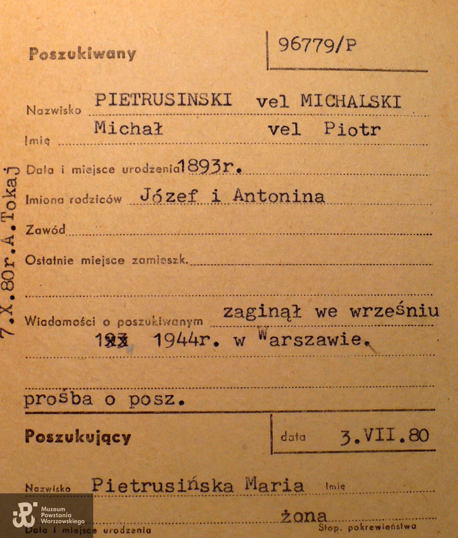 PCK - kartoteka, prośba żony o zaświadczenie. Nazwiska podawane przez Marię Pietrusińską  - Pietrusiński Michał vel Michalski Piotr