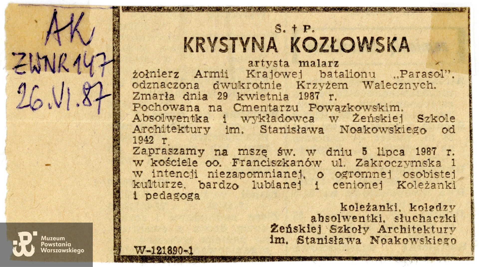 Muzeum Powstania Warszawskiego,  Teczki personalne uczestników Powstania Warszawskiego: Kozłowska Krystyna ps. Krystyna