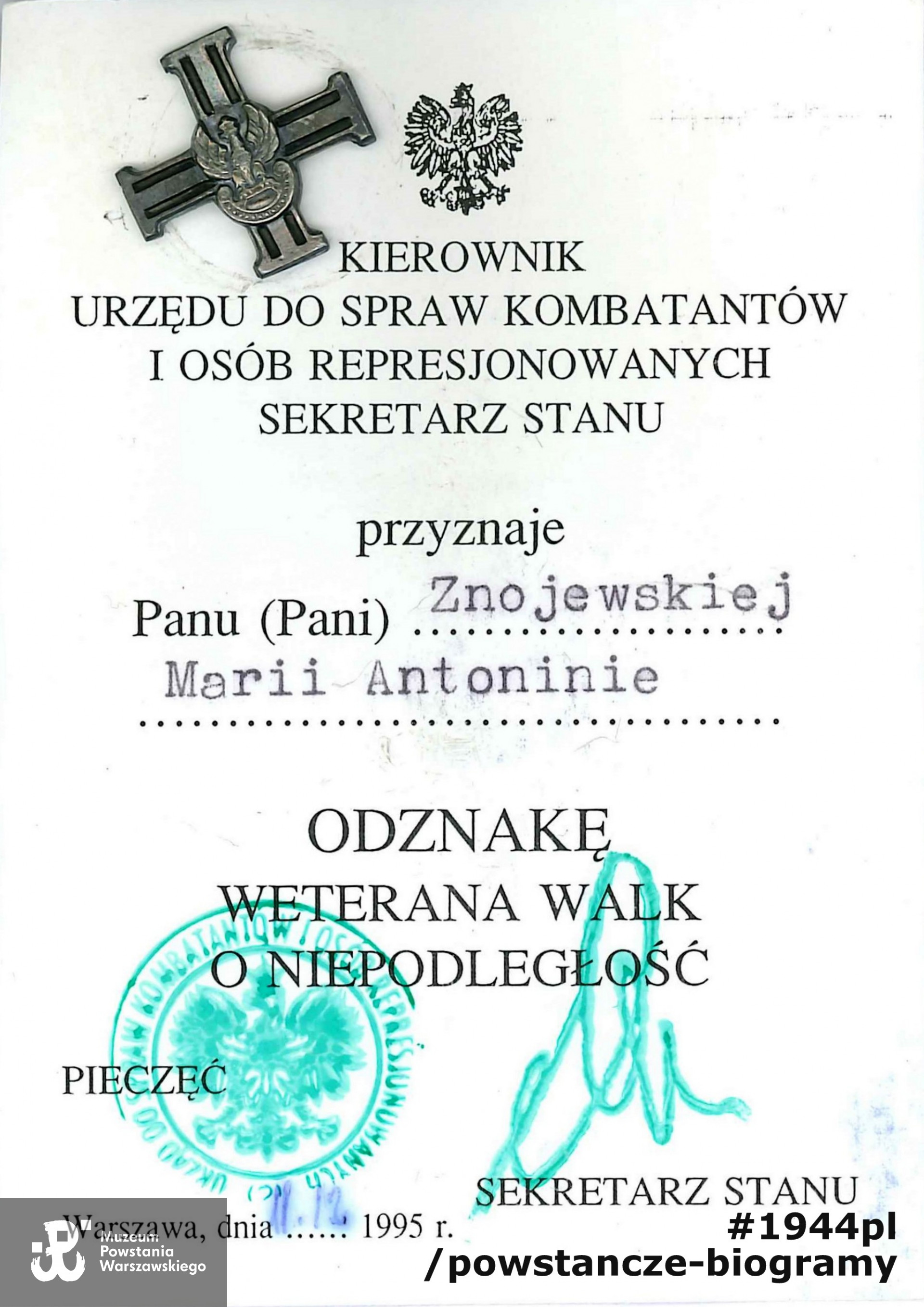 Legitymacja odznaczeniowa - Odznaka Weterana Walk o Niepodległość. Ze zbiorów p. Marii Znojewskiej