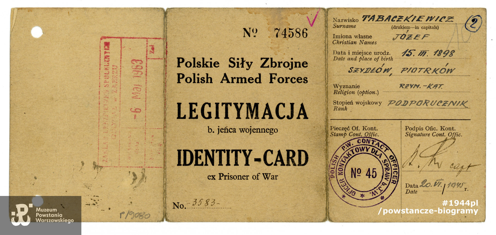 Legitymacja byłego jeńca wojennego wystawiona na nazwisko Józef Tabaczkiewicz.  Dokument ze zbiorów Muzeum Powstania Warszawskiego, sygn. P/9080/18