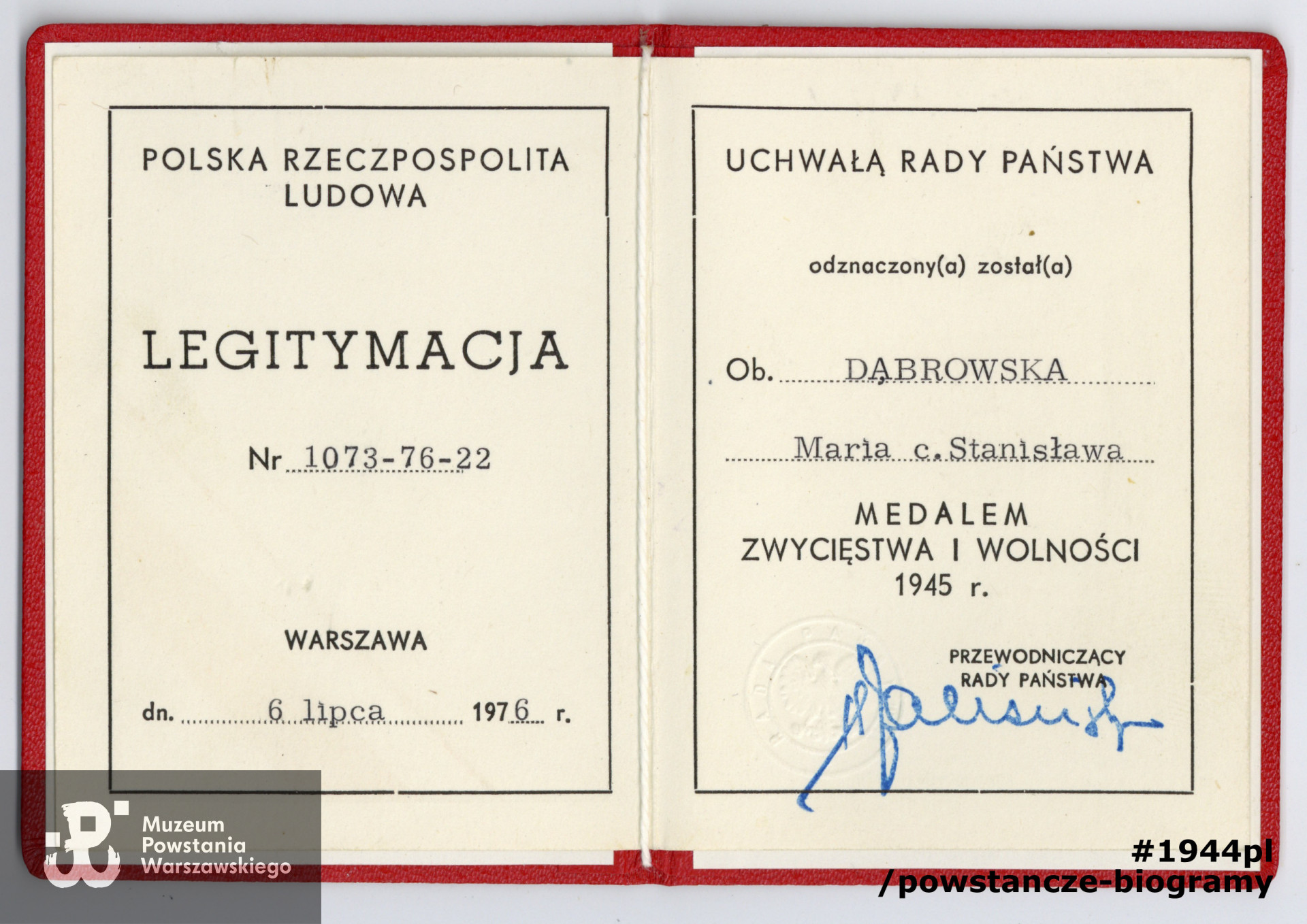 Legitymacja odznaczeniowa - Medal Zwycięstwa i Wolności. Dokument  ze zbiorów rodzinnych p. Jerzego Sajdaka, syna.