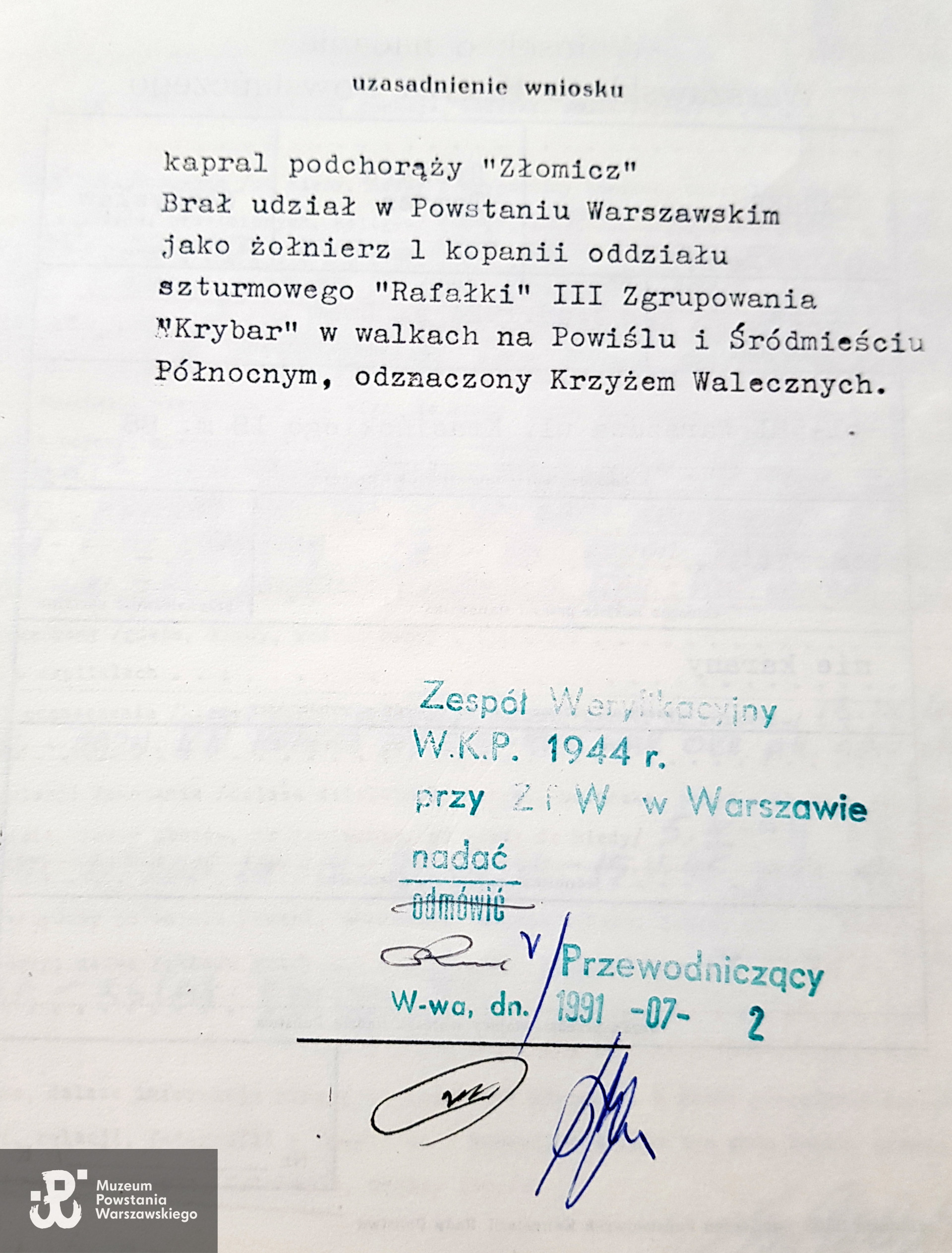 Uzasadnienie do wniosku o WKP.  Ze zbiorów rodzinnych, skan udostępniła p. Alina Nowobilska