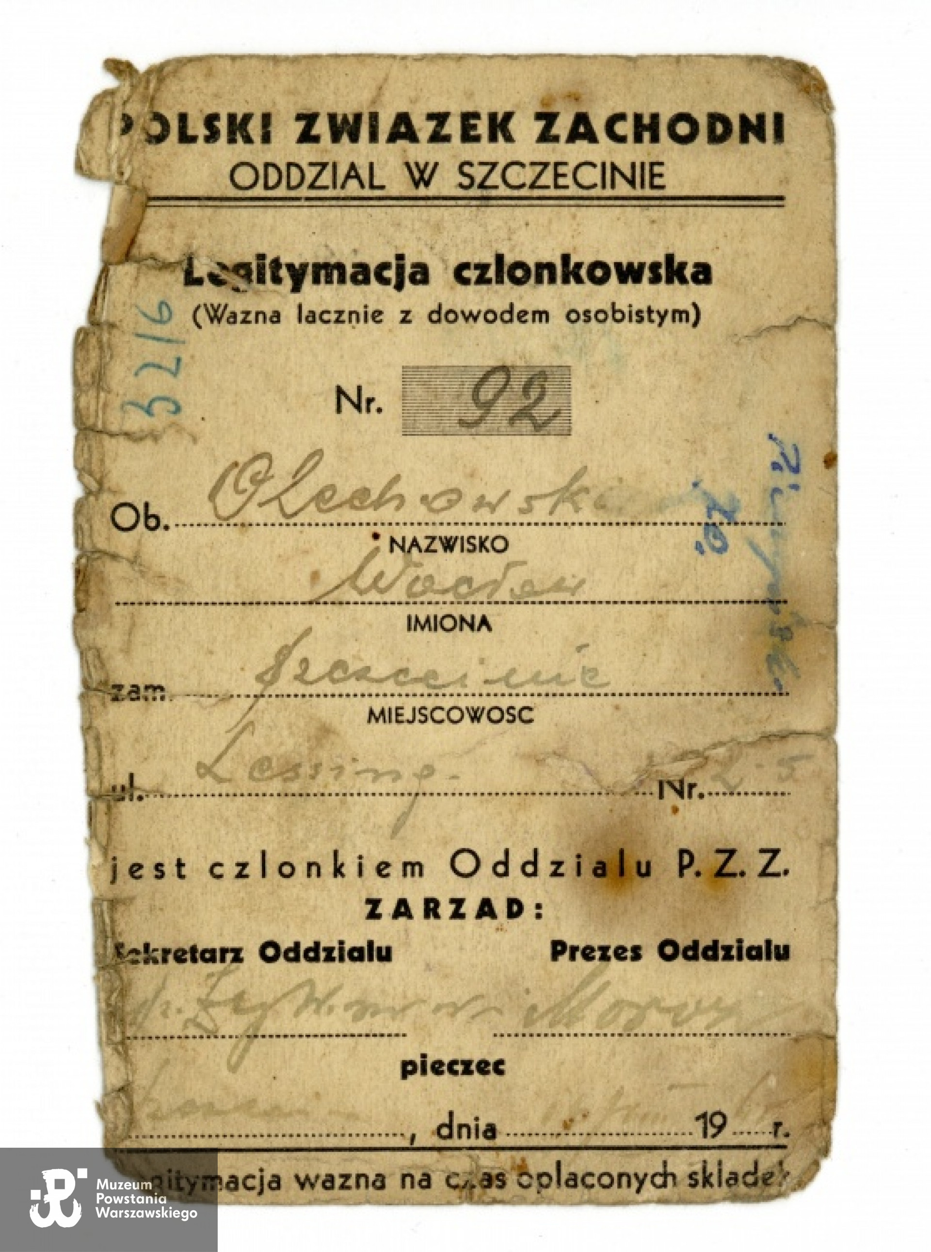 Legitymacja członkowska Polskiego Związku Zachodniego. Z archiwum rodzinnego Michała Łukaszczyka