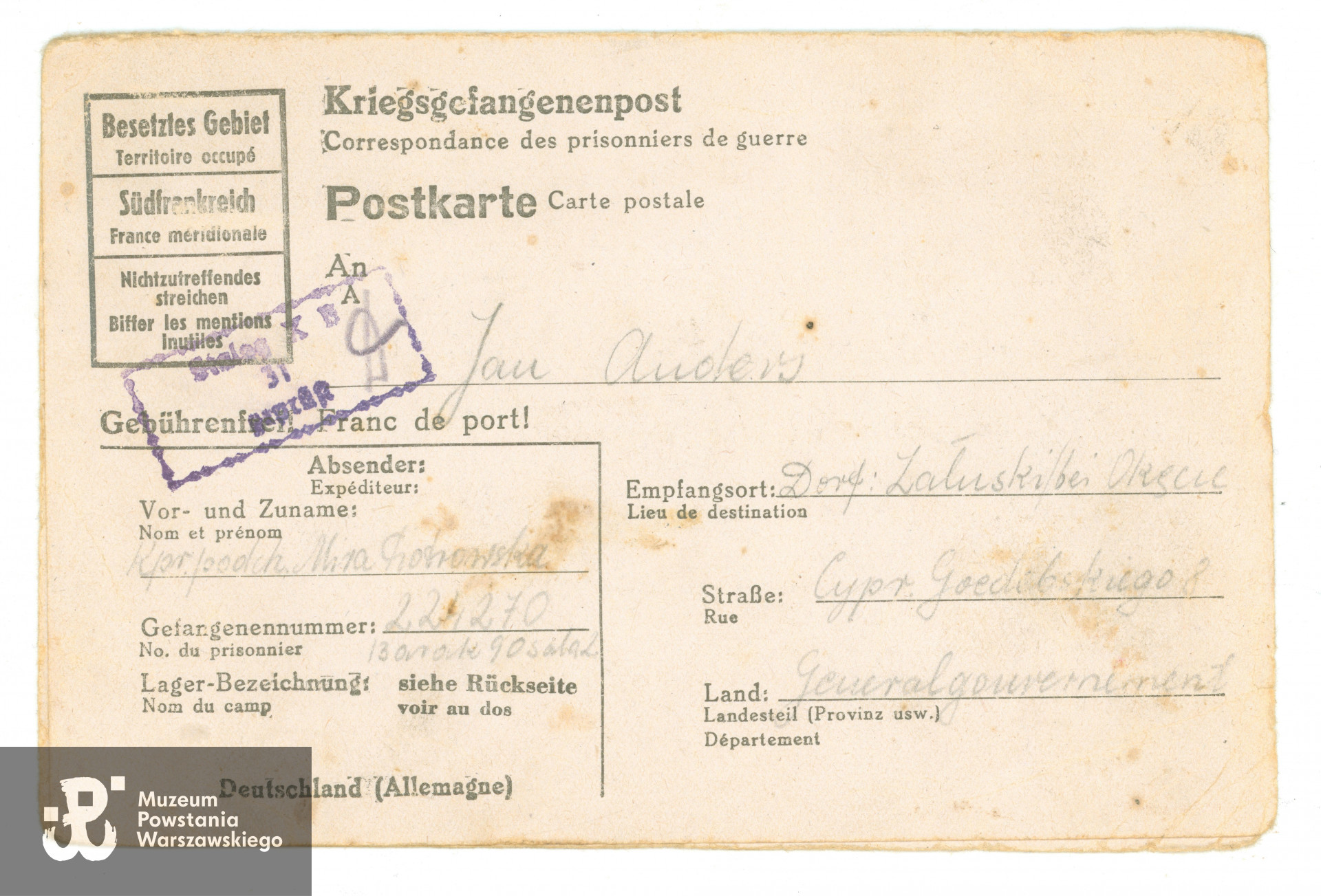 Korespondencja obozowa - list pchor. Miry Piotrowskiej wysłany do Jana Andersa ze Stalagu X B. Fot. archiwum rodzinne