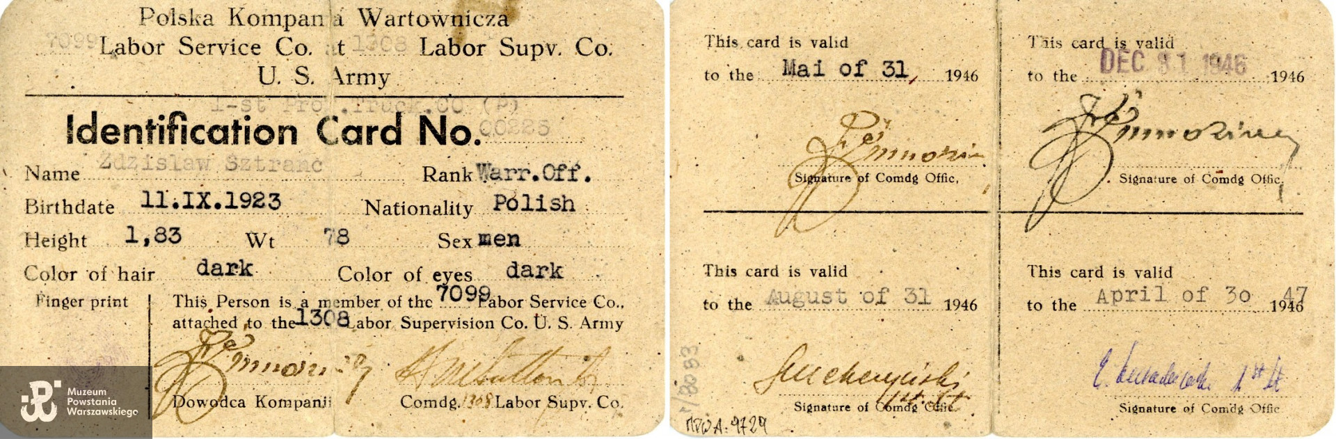 Karta identyfikacyjna wystawiona przez Polską Kompanię Wartowniczą przy Armii Amerykańskiej, należąca do Zdzisława Sztranca. Zbiory Muzeum Powstania Warszawskiego; sygn. MPW-A-9729.