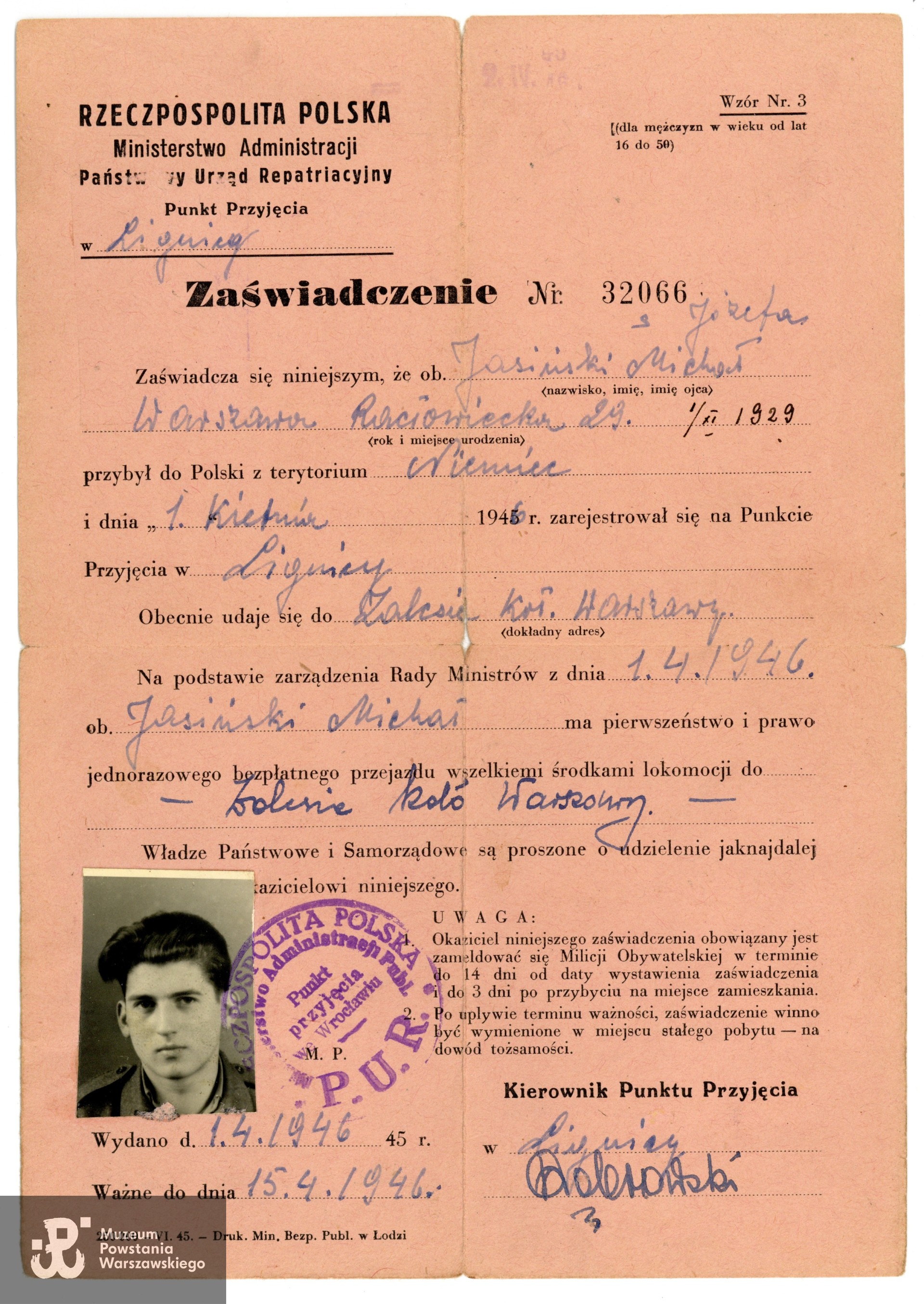 Zaświadczenie PUR. Ze zbiorów rodzinnych p. Michała Jasińskiego. Skan wykonano w Muzeum Powstania Warszawskiego, 08/2022