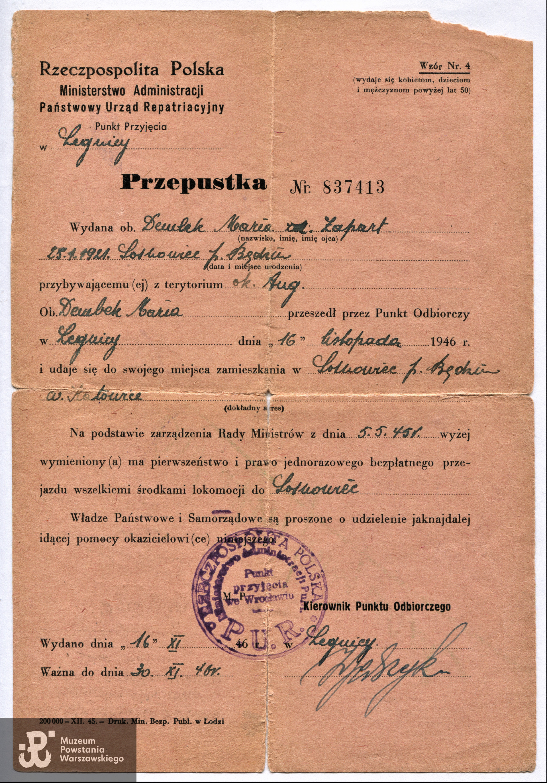 Przepustka PUR. Z archiwum rodzinnego p. Marii Elżbiety Dembek z d. Zapart, udostępnił syn, p. Roman Dembek