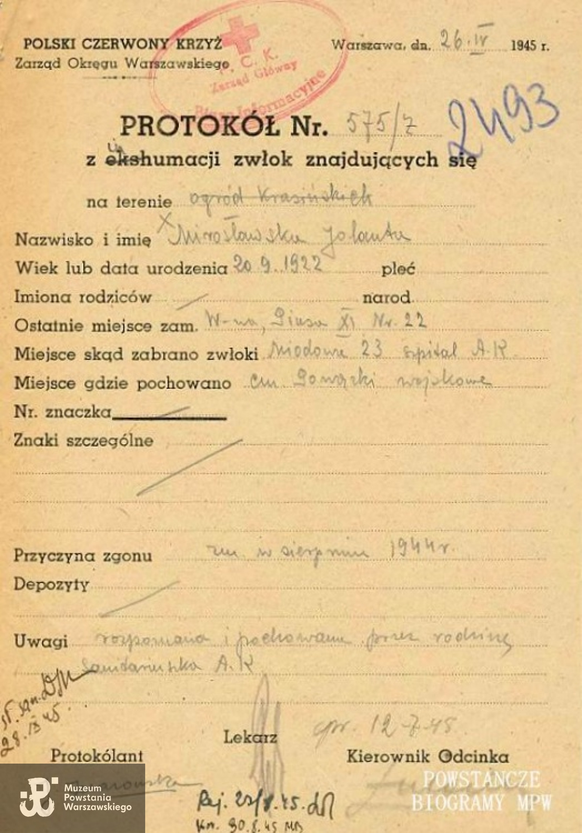 Protokół ekshumacyjny Polskiego Czerwonego Krzyża - 1945 r.  Ze zbiorów PCK